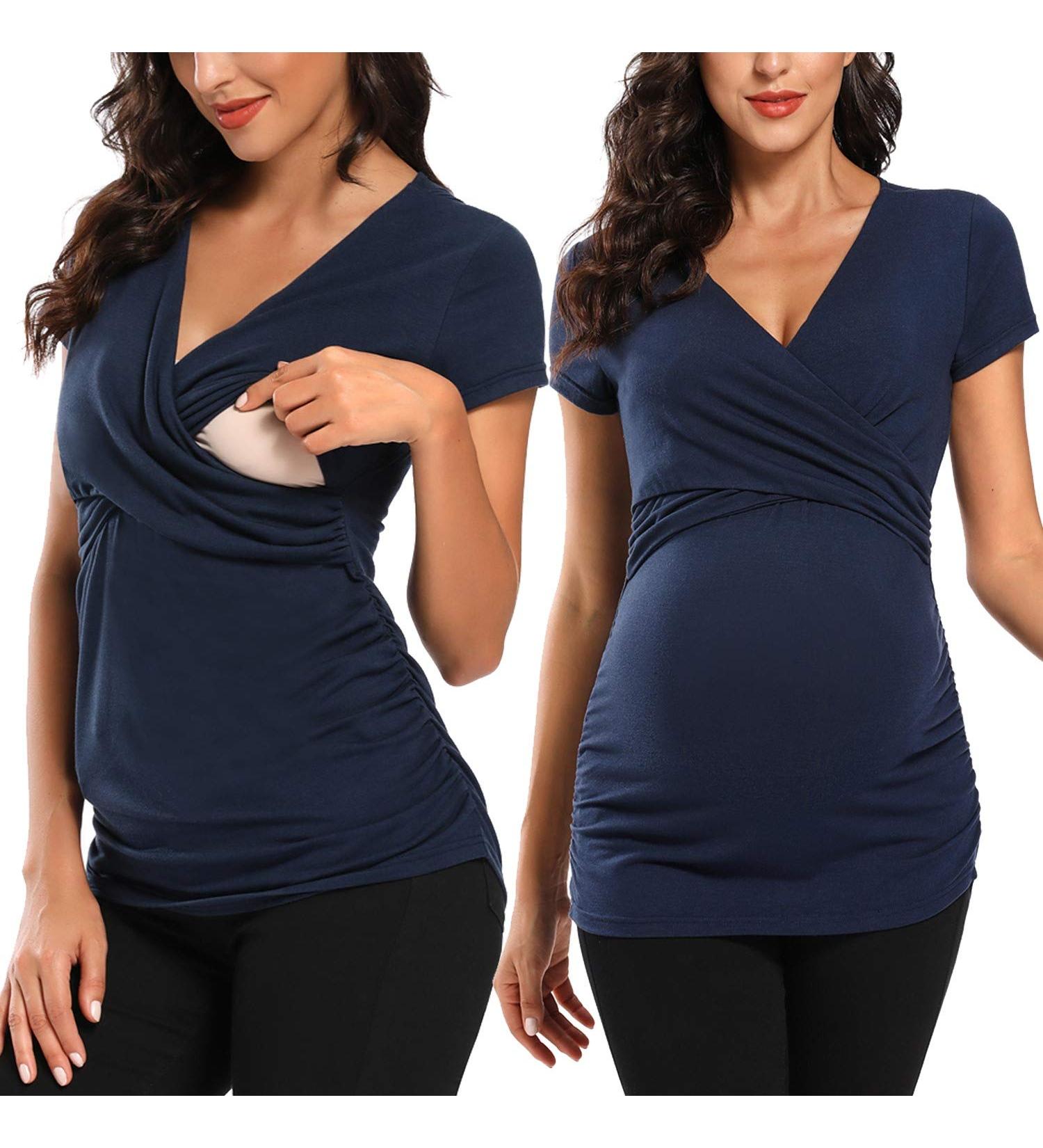 Love2Mi Maternity Nursing Shirt - Short Sleeve V-Neck T-Shirt - Navy - Size L - Buy Online on SooperMarket.com