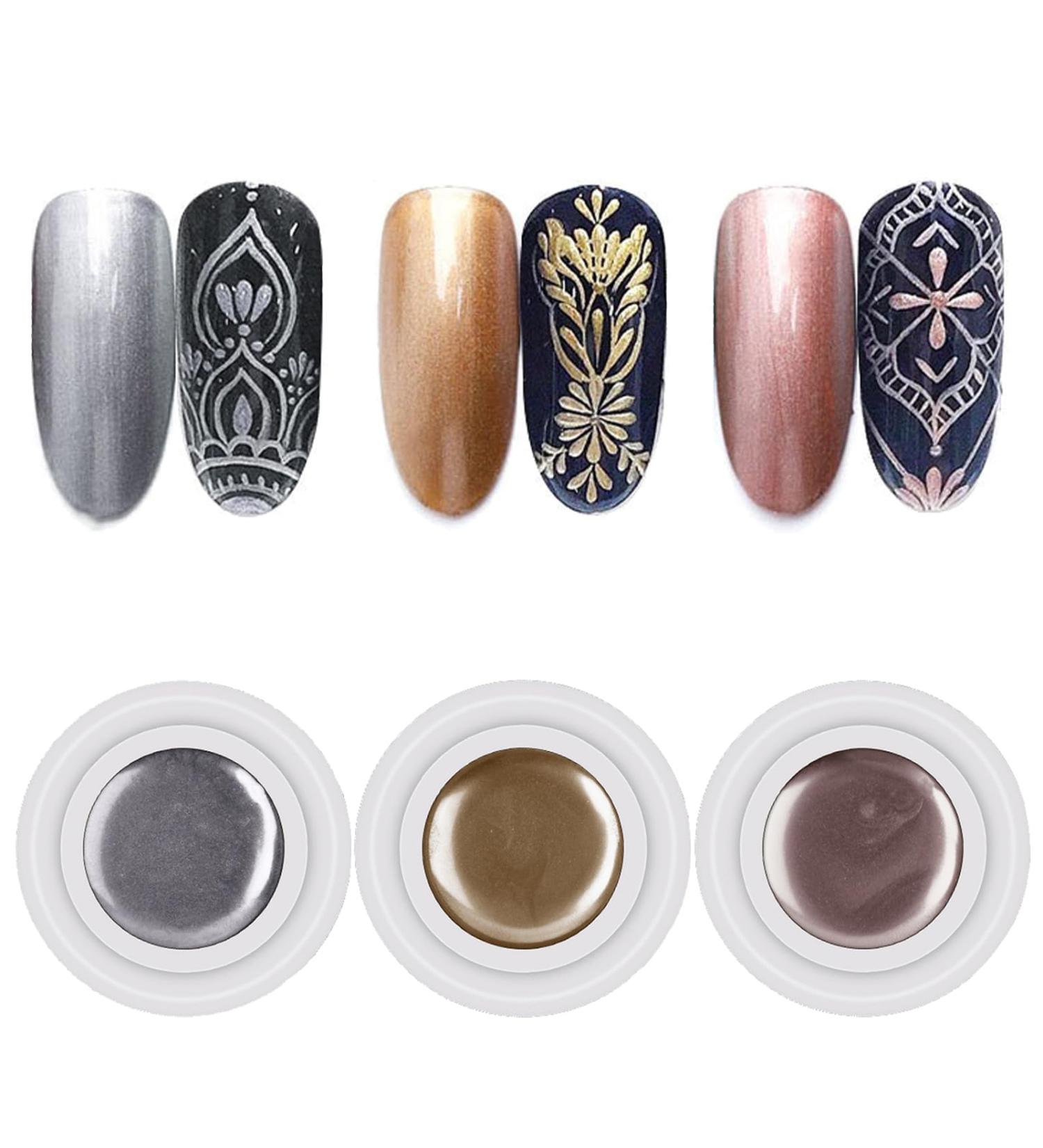Metallic Painting Gel - 3PC Mirror Metallic Nail Polish - 3D Metal Painting Gel Reflective High Shine Nail Polish - Super Glossy Soak off UV/LED Nail Gel (Silver Gold Rose Gold) - Buy Online on SooperMarket.com