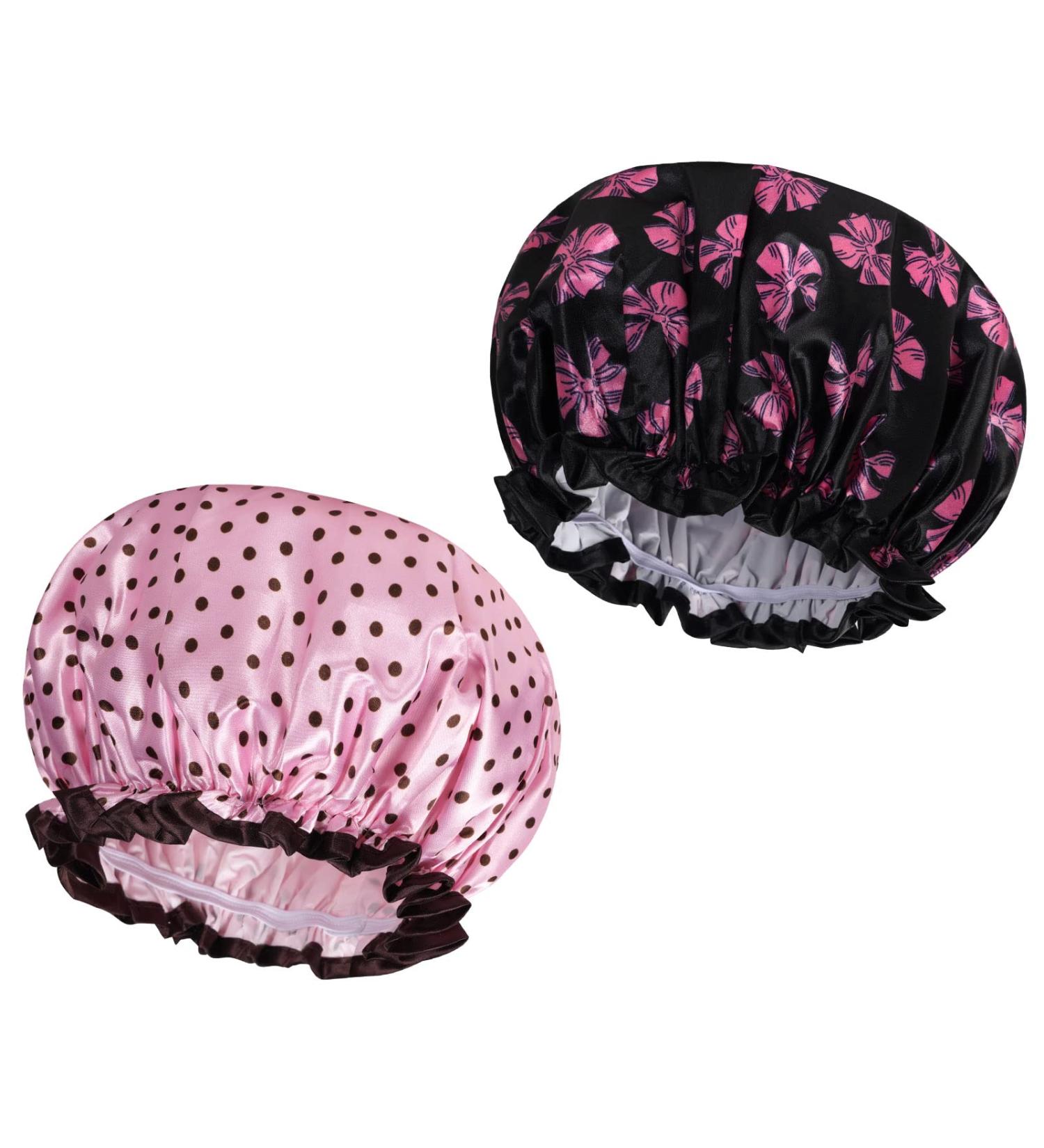 AOOWU Shower Caps 2 Pack Waterproof Bath Caps Large Reusable Shower Hats Elastic Band Double Layers Hair Bath Caps with Soft Ruffled Edge for Women Girls Ladies Spa Salon Home Use 2 Pcs Bowknot+Dots - Buy Online on SooperMarket.com