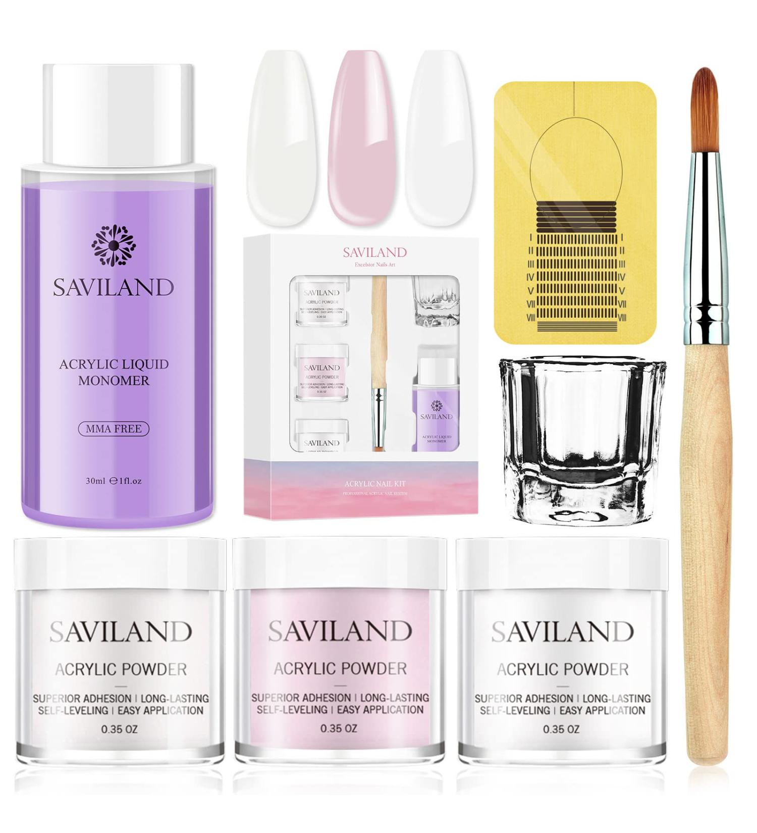 Saviland Acrylic Nail Kit - Professional Acrylic Powder and Liquid Set with Nail Brush and Forms - 3 Colors for Nails Extension - Beginner Friendly - Buy Online on SooperMarket.com