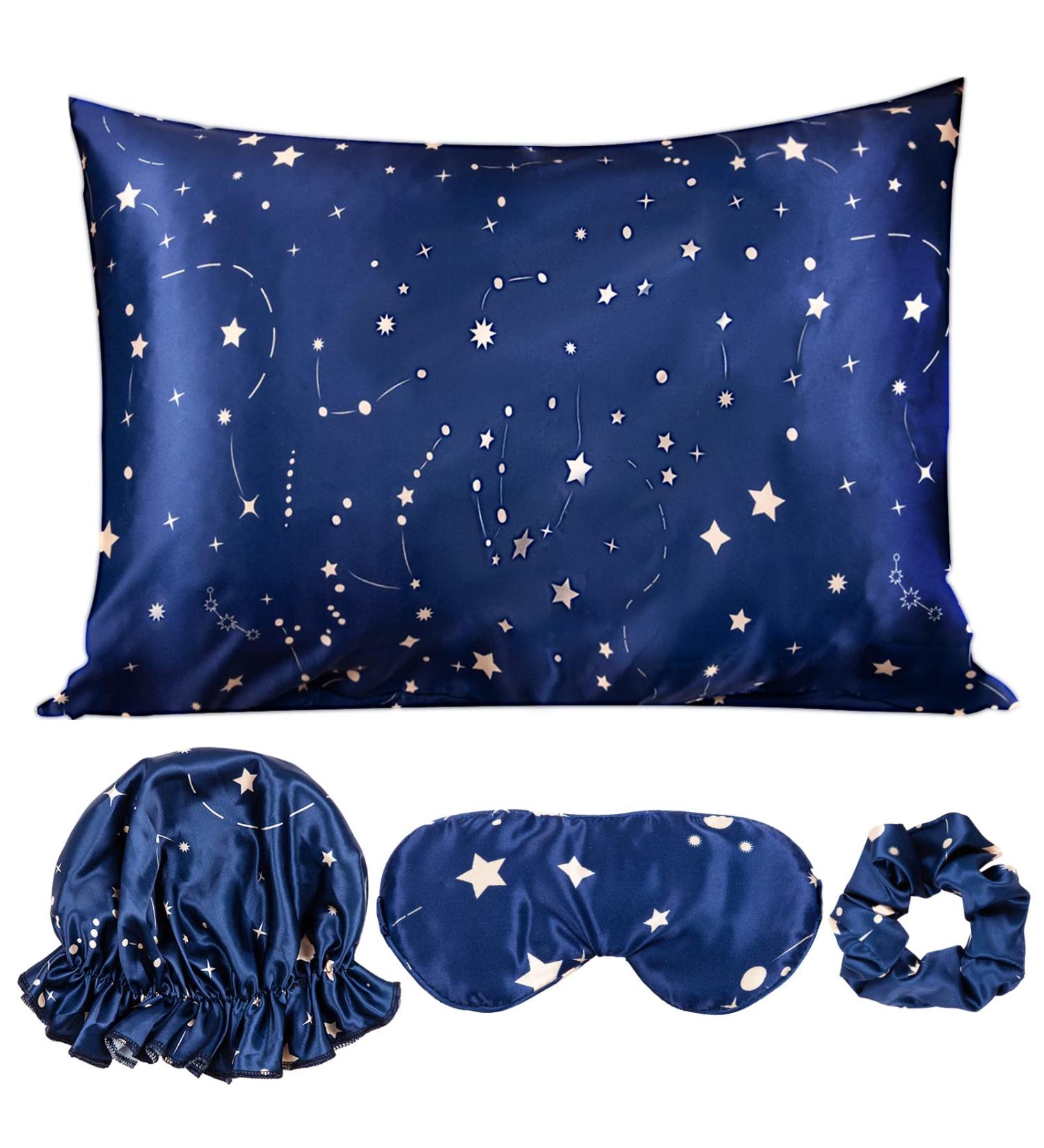 Whaline 4Pcs Body Silk Satin Pillowcase Set with Eye Mask, Scrunchie, and Hair Cap | Starry Dark Blue Sky Theme | Hypoallergenic and Soft Pillow Cover for Hair and Skin - Buy Online on SooperMarket.com