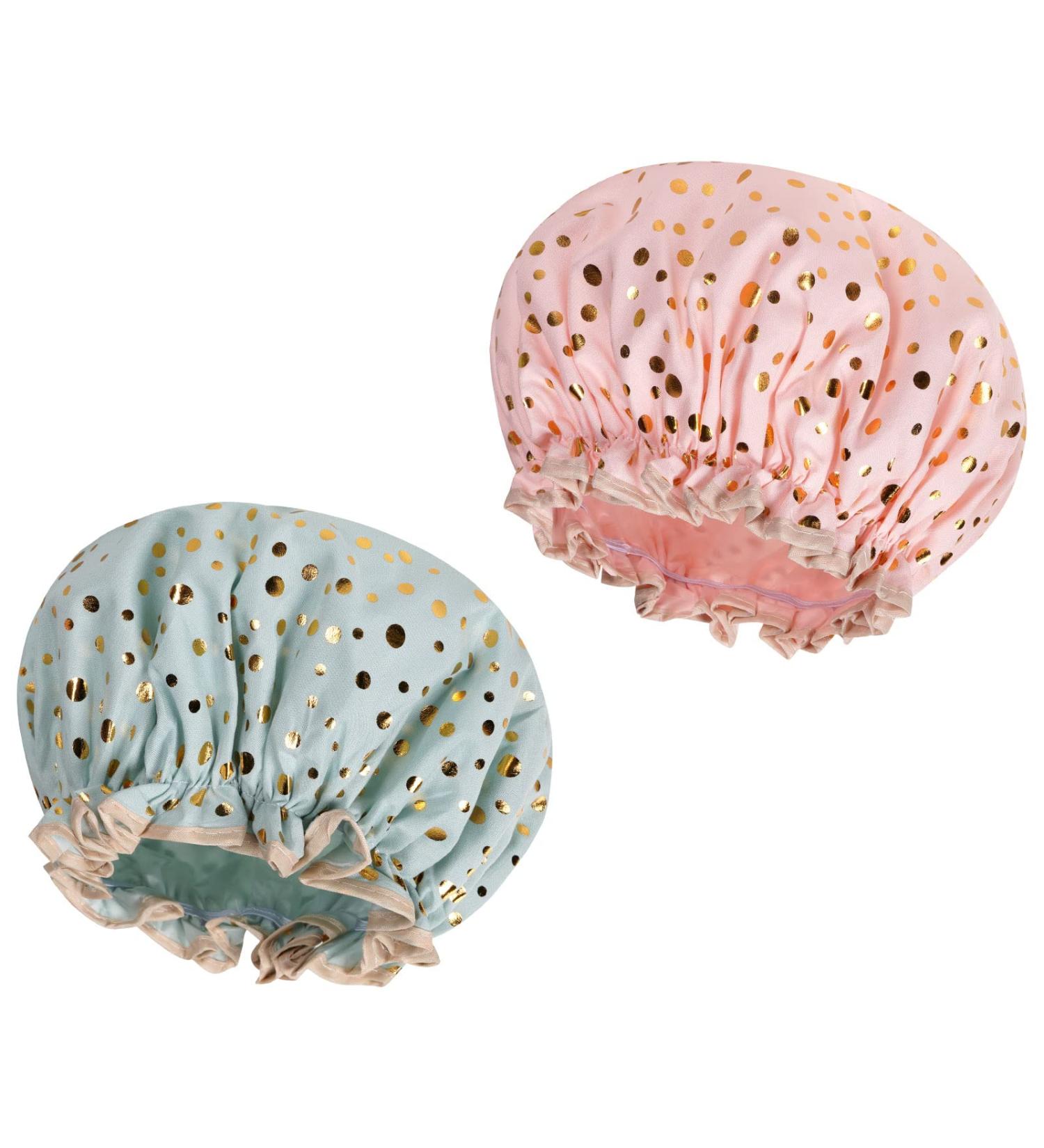 AOOWU Shower Caps 2 Pack Waterproof Bath Caps Large Reusable Shower Hats Elastic Band Double Layers Hair Bath Caps with Soft Ruffled Edge for Women Girls Ladies Spa Salon Home Use 2 Pcs Pink dots + Green dots - Buy Online on SooperMarket.com
