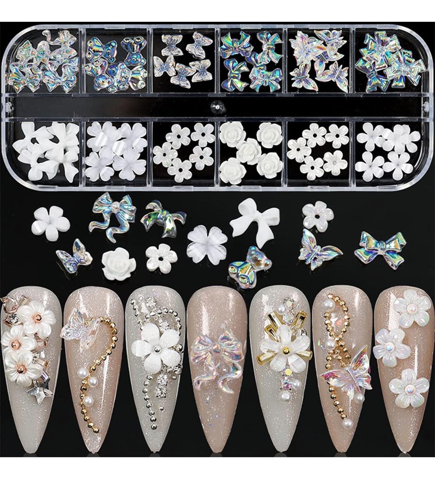 60pcs Flower Nail Art Charms Decoration | Glitter Butterfly & White Flower Decals | 3D Nail Stickers for Women - Buy Online on SooperMarket.com