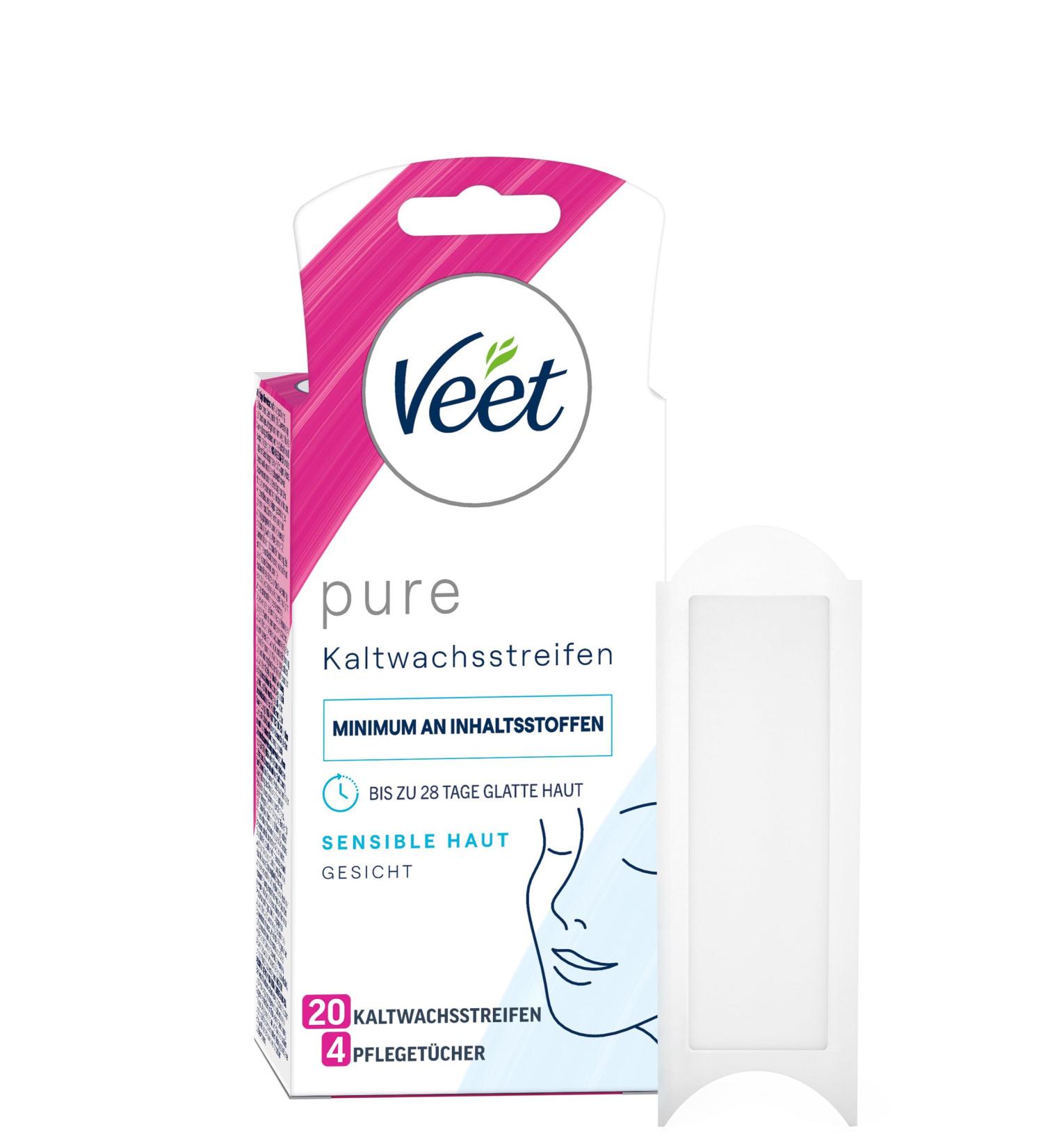 Veet Pure Cold Wax Strips for Sensitive Skin - Smooth Skin Up to 28 Days - 10 Double Strips (20 Individual) for Face Use - Buy Online on SooperMarket.com