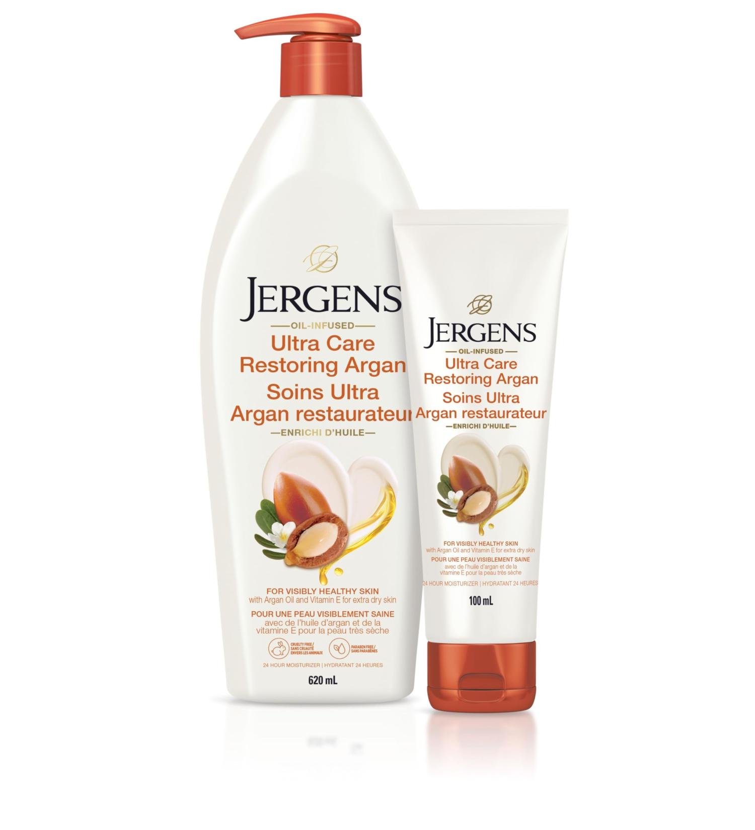 Jergens Ultra Care Restoring Argan Oil-Infused Moisturizer & Body Lotion for Extra-Dry Skin (620 mL) & Travel Size (100 mL) - Buy Online on SooperMarket.com