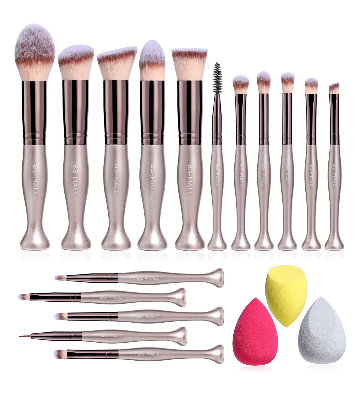 BS-MALL 16 Pcs Makeup Brushes Set with Stand | Synthetic Foundation, Powder, Concealers, Eye shadows, Blush | Champagne Gold Cosmetic Brushes with 3 Makeup Sponges - Buy Online on SooperMarket.com