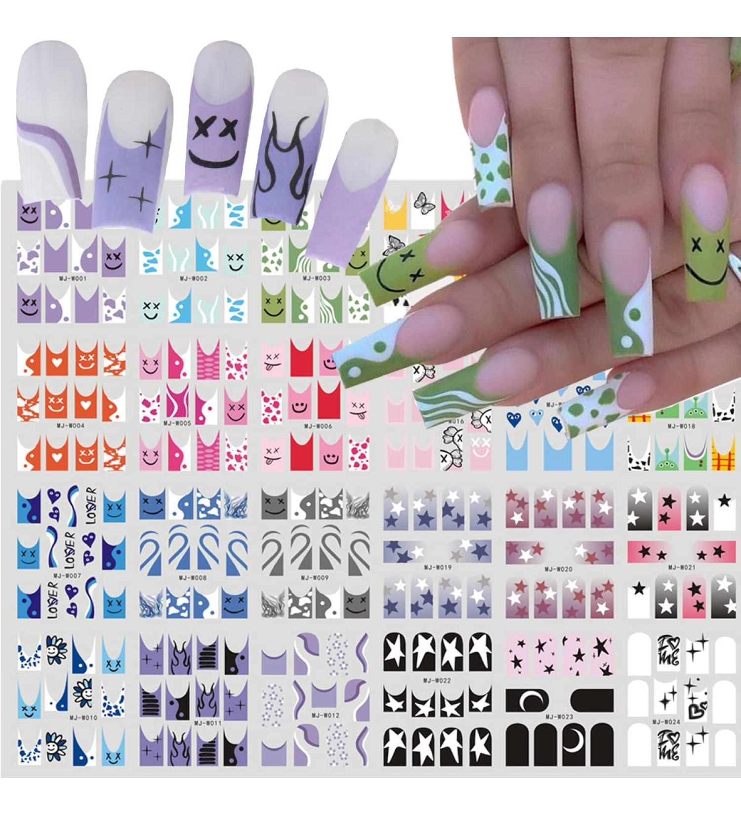 French Tip Nail Art Stickers - 24 Colorful Water Decals for DIY Manicure | Cute Heart & Star Designs for Women & Girls - Buy Online on SooperMarket.com