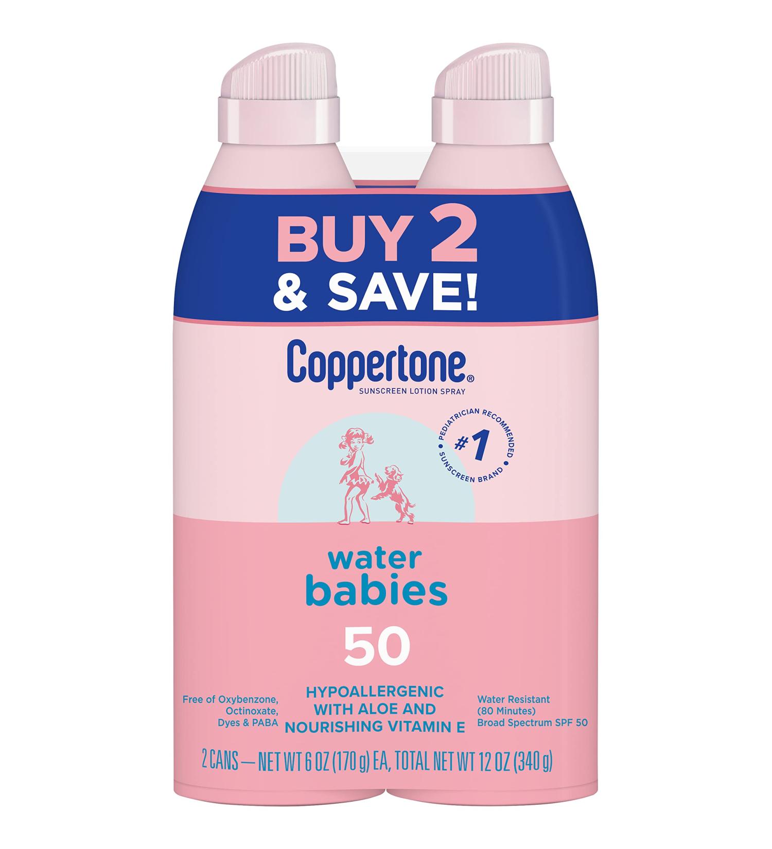 Coppertone Water Babies Sunscreen Lotion Spray SPF 50 - Pediatrician Recommended, Water Resistant Baby Sunscreen, 6 Oz Spray (Pack of 2) - Buy Online on SooperMarket.com