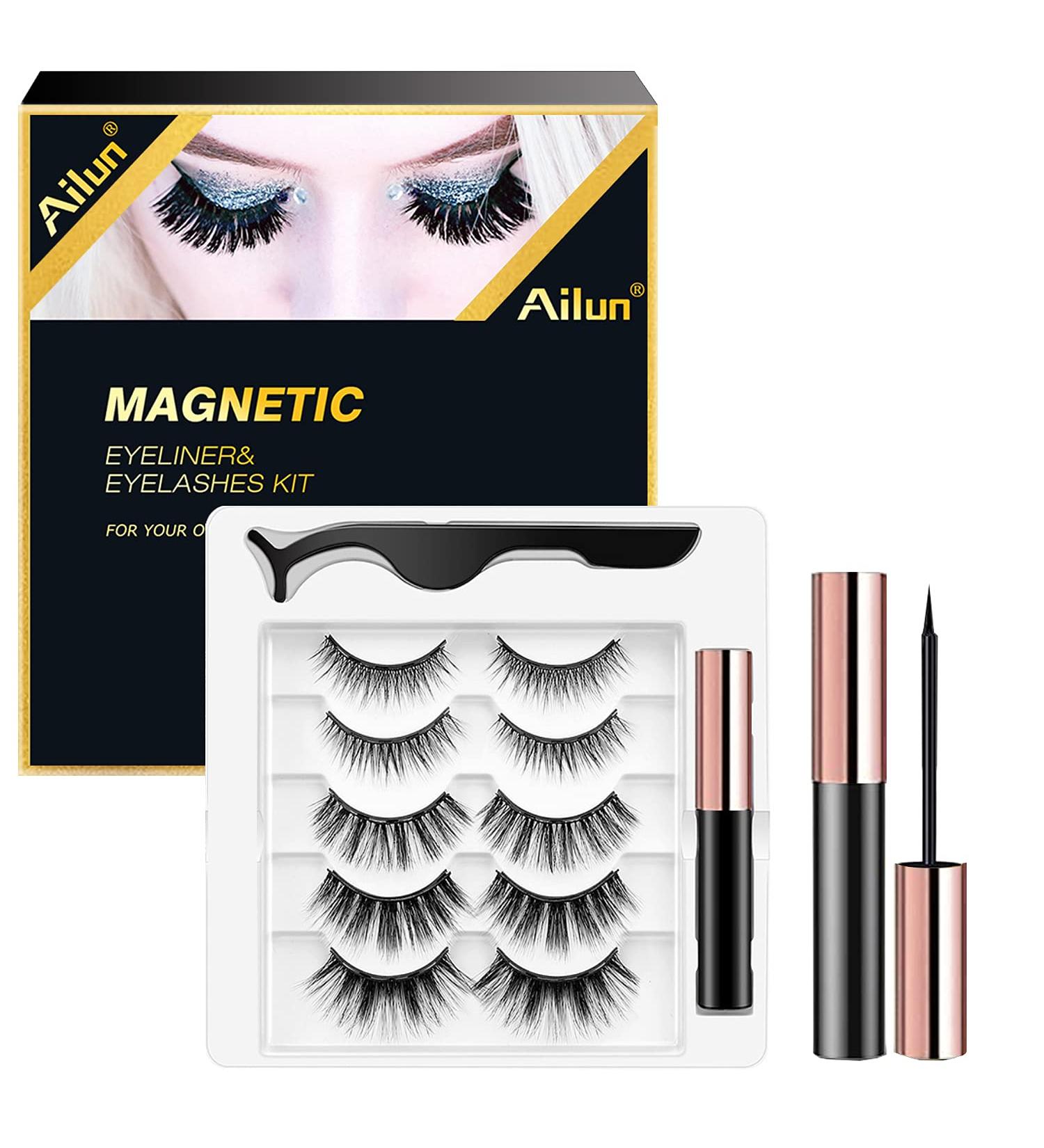 Ailun Magnetic Eyeliner and Eyelashes Kit - Volume Fluffy Natural Look - 5 Pairs Wispies Long Extension Lashes with Tweezers - Easy to Wear & Reusable - Buy Online on SooperMarket.com