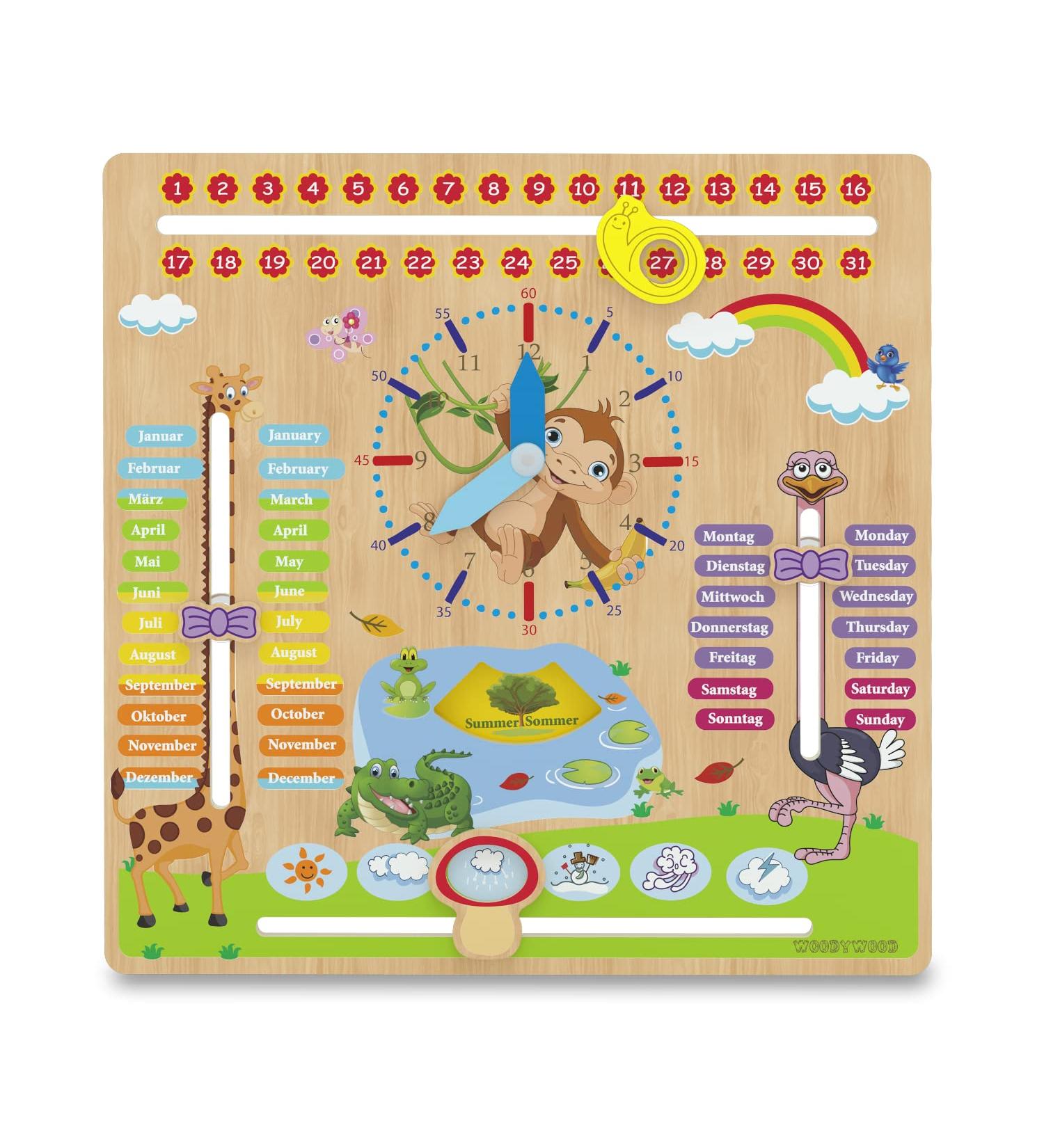 Woodywood Calendar Watch for Children - Bilingual Montessori Learning Clock in Wood - 30x30 cm - Teach Time Date & More Ideal Gift for Kids - Buy Online on SooperMarket.com