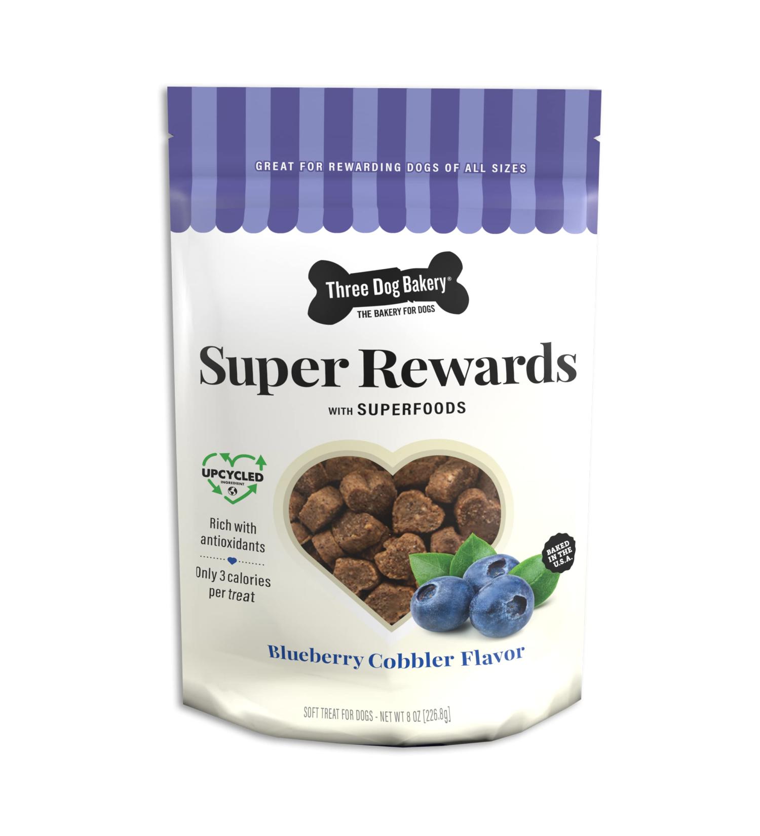 Three Dog Bakery Soft and Chewy Super Rewards Blueberry Cobbler Dog Treats 8oz - Superfood Infused | Single Pack - Buy Online on SooperMarket.com