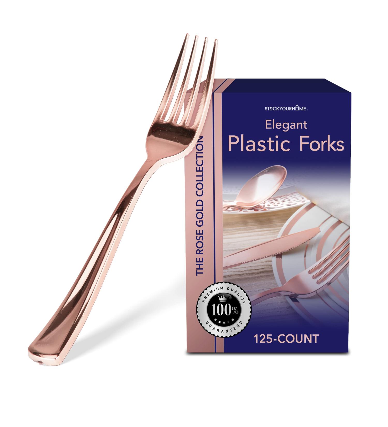125 Disposable Heavy Duty Rose Gold Plastic Forks - Elegant Silverware for Catering, Events, Parties, Weddings - Stock Your Home - Buy Online on SooperMarket.com
