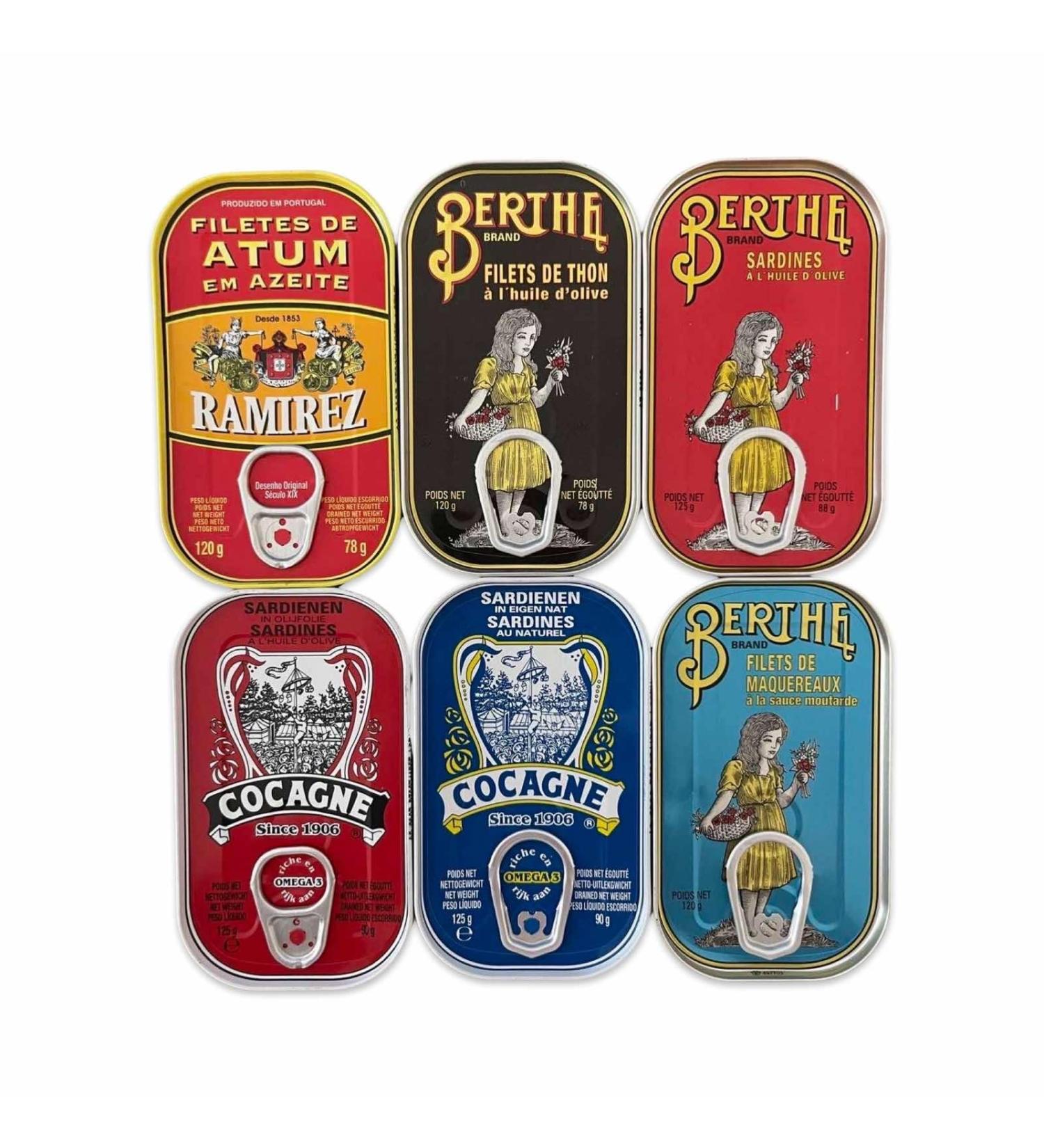Portuguese Canned Food Set - 6 Types - Sardines - Tuna Fillets - Mackerel - Berthe - Cocagne - Portugal
