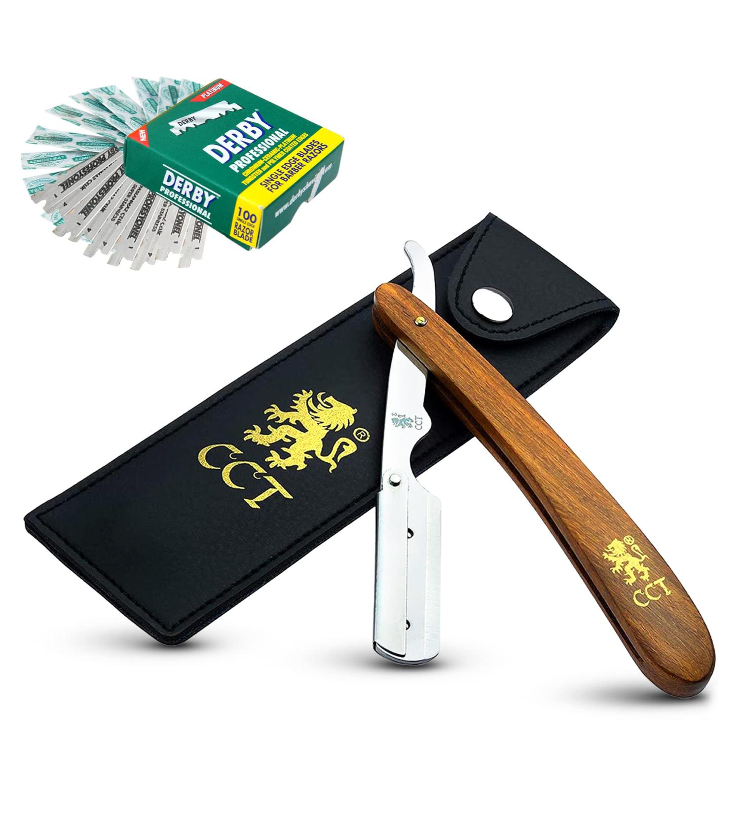 Cambridge Cutthroat Straight Edge Razor Kit with 10 Blades - Professional Barber Razor for Men with Missanda Hardwood Handle and Stainless Steel Blade - Perfect for Shaving, Trimming, and Styling - Includes Leather Travel Pouch - Buy Online on SooperMarket.com