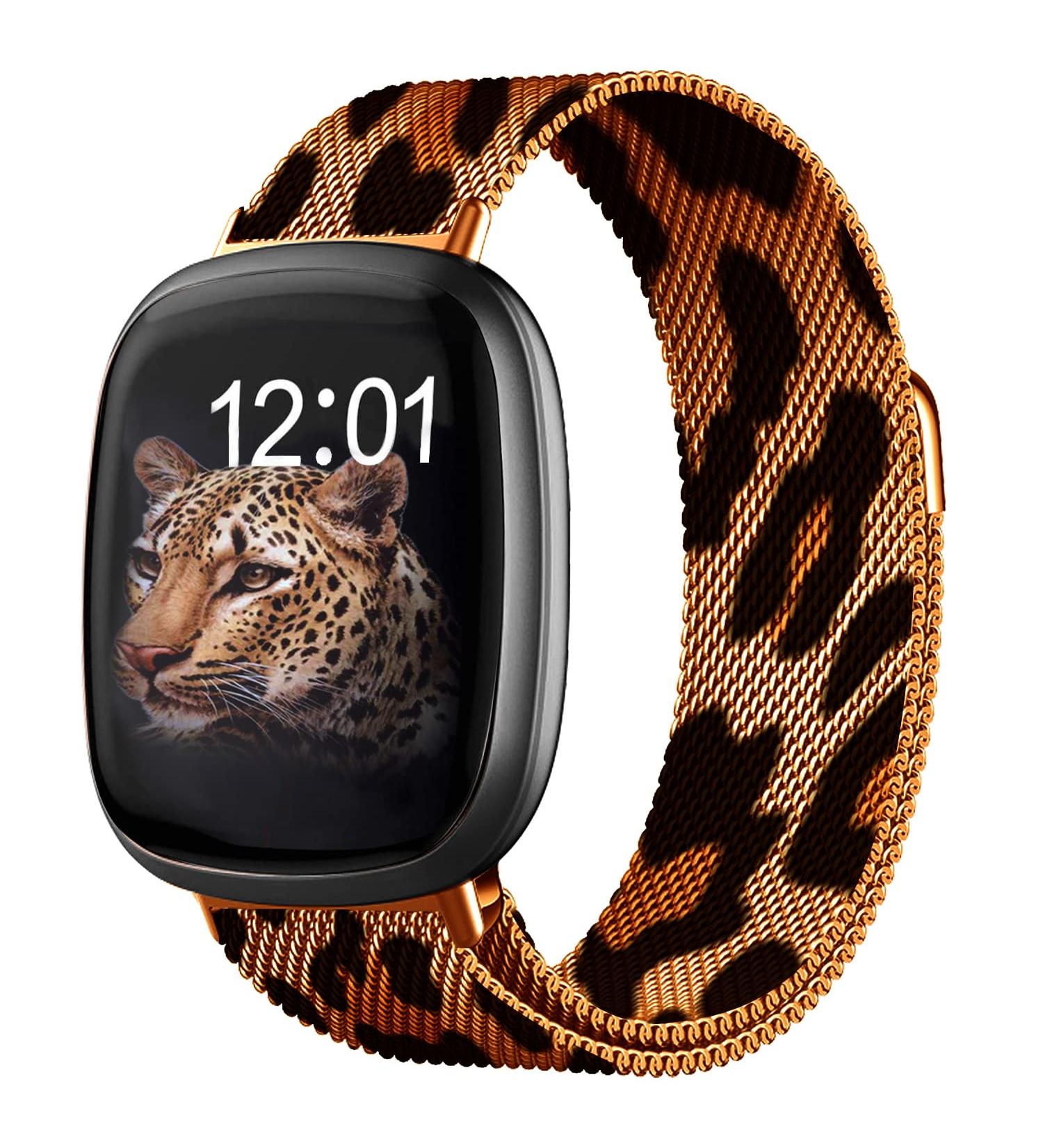 Youther Stainless Steel Mesh Loop Band for Fitbit Versa 3/Sense - Leopard Grain | Replacement Bracelet Magnet Wristband Strap for Men and Women - Buy Online on SooperMarket.com