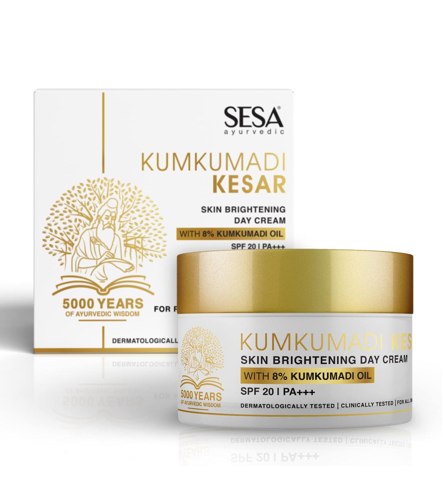 SESA 8% Kumkumadi Kesar Day Cream SPF 20 - Ayurvedic Skin Brightening Moisturizer with Saffron & Sandalwood | Hydrating Face Cream for Men & Women - 50 gm - Buy Online on SooperMarket.com