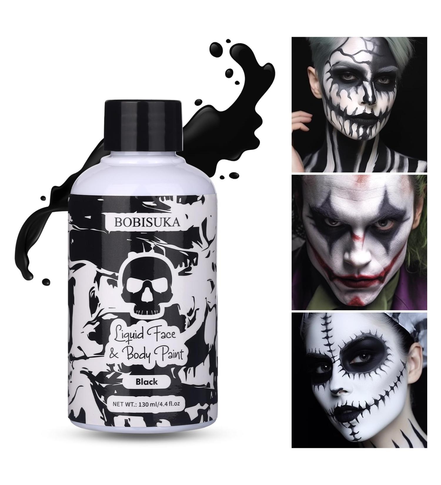 BOBISUKA Black Liquid Face and Body Paint - Washable Non-Toxic Fast Drying Makeup for Halloween Skeleton Skull Cosplay SFX - 130ml Large Capacity - Buy Online on SooperMarket.com