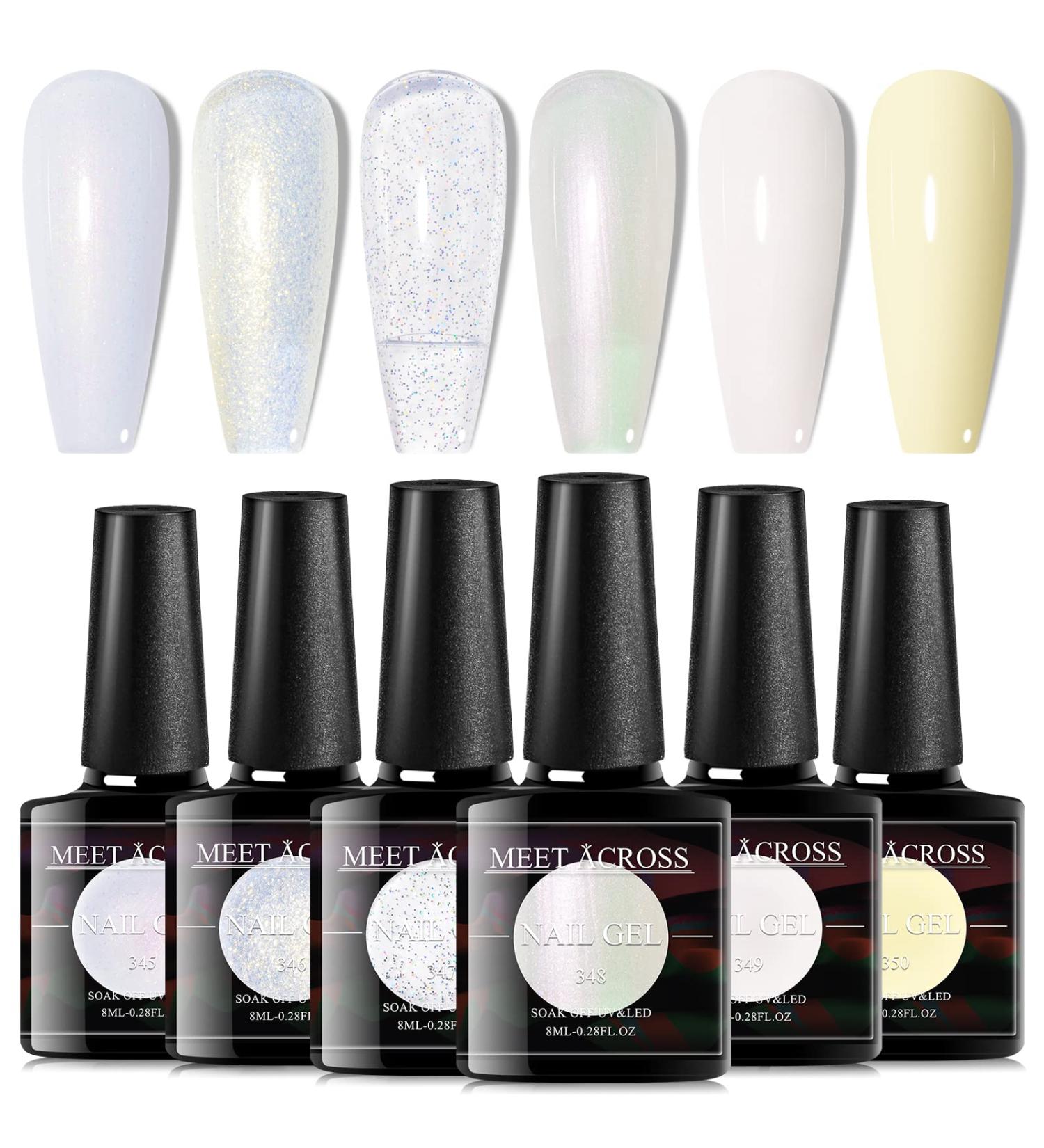 MEET ACROSS 6-Piece White Nail Polish Set - Milky White, Nude, Shimmer Glitter, Sheer Jelly Gel Colors - Buy Online on SooperMarket.com