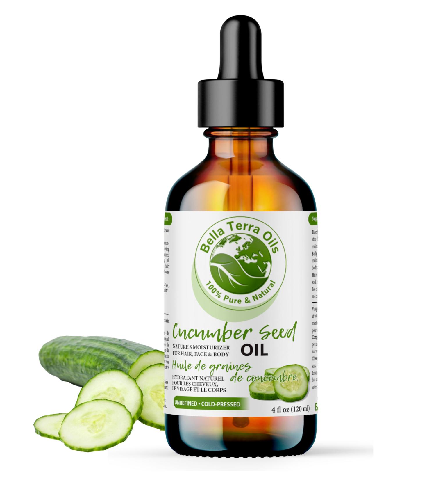 Cucumber Seed Oil. 120ml. 100% Pure. Cold-pressed. Unrefined. Organic. Carrier Base Oil. Chemical-free. Promotes Skin Hydration. Lightweight. Natural Moisturizer for Hair Skin Nails Stretch Marks. Bella Terra Oils. 120 ml (Pack of 1) - Buy Online on SooperMarket.com