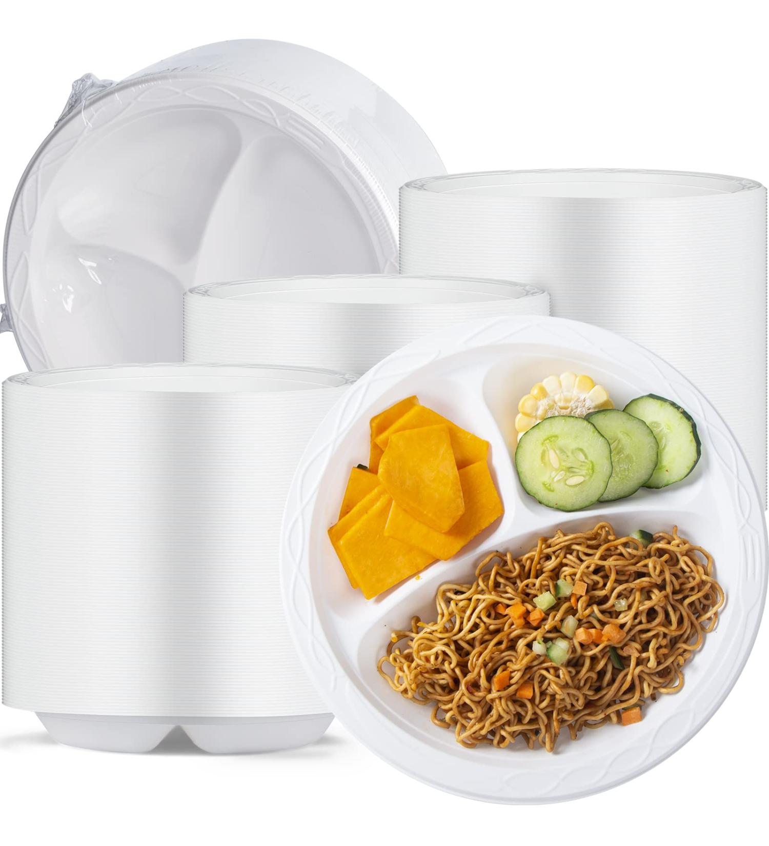 YANGRUI White Plastic Plates 9 Inch 3 Compartments 150 Pack - BPA Free, Food Grade Material, Reusable Dinner Plates - Buy Online on SooperMarket.com