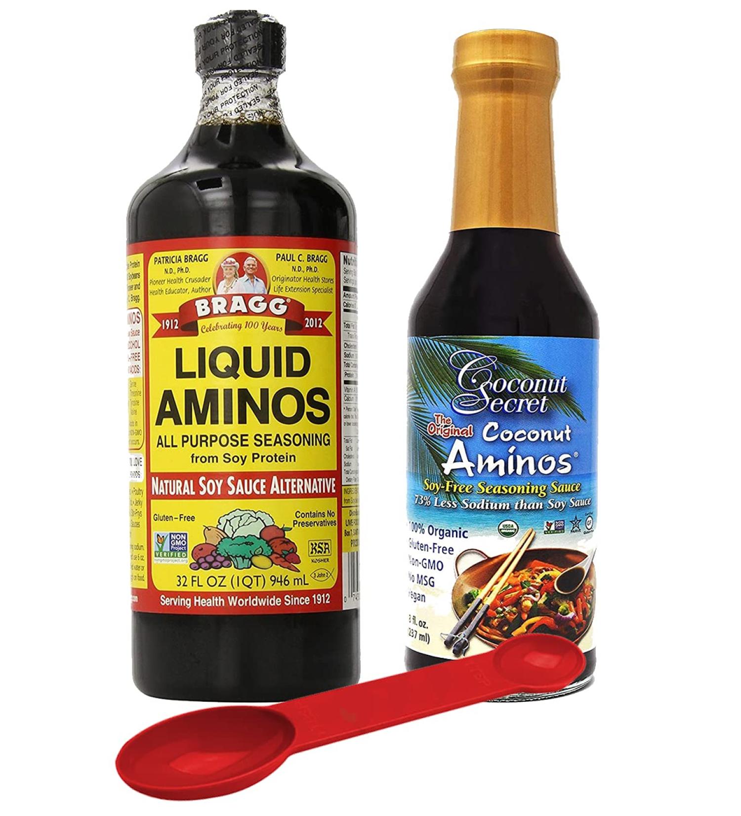 Organic Soy Seasoning Variety Pack: Bragg Liquid Aminos 32 oz + Coconut Secret Coconut Liquid Aminos 8 oz + Bonus Measuring Spoon - Buy Online on SooperMarket.com