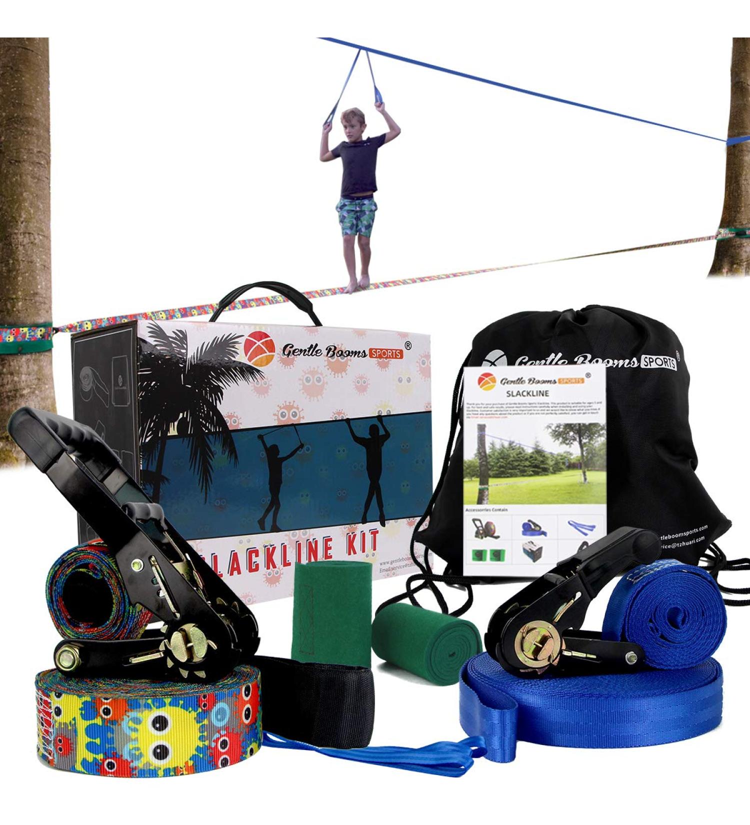 Gentle Booms Sports 250ft Slackline Kit with Tree Protectors, Carry Bag, Arm Trainer - Perfect for Ninja Warrior Backyard Outdoor Fun - Buy Online on SooperMarket.com