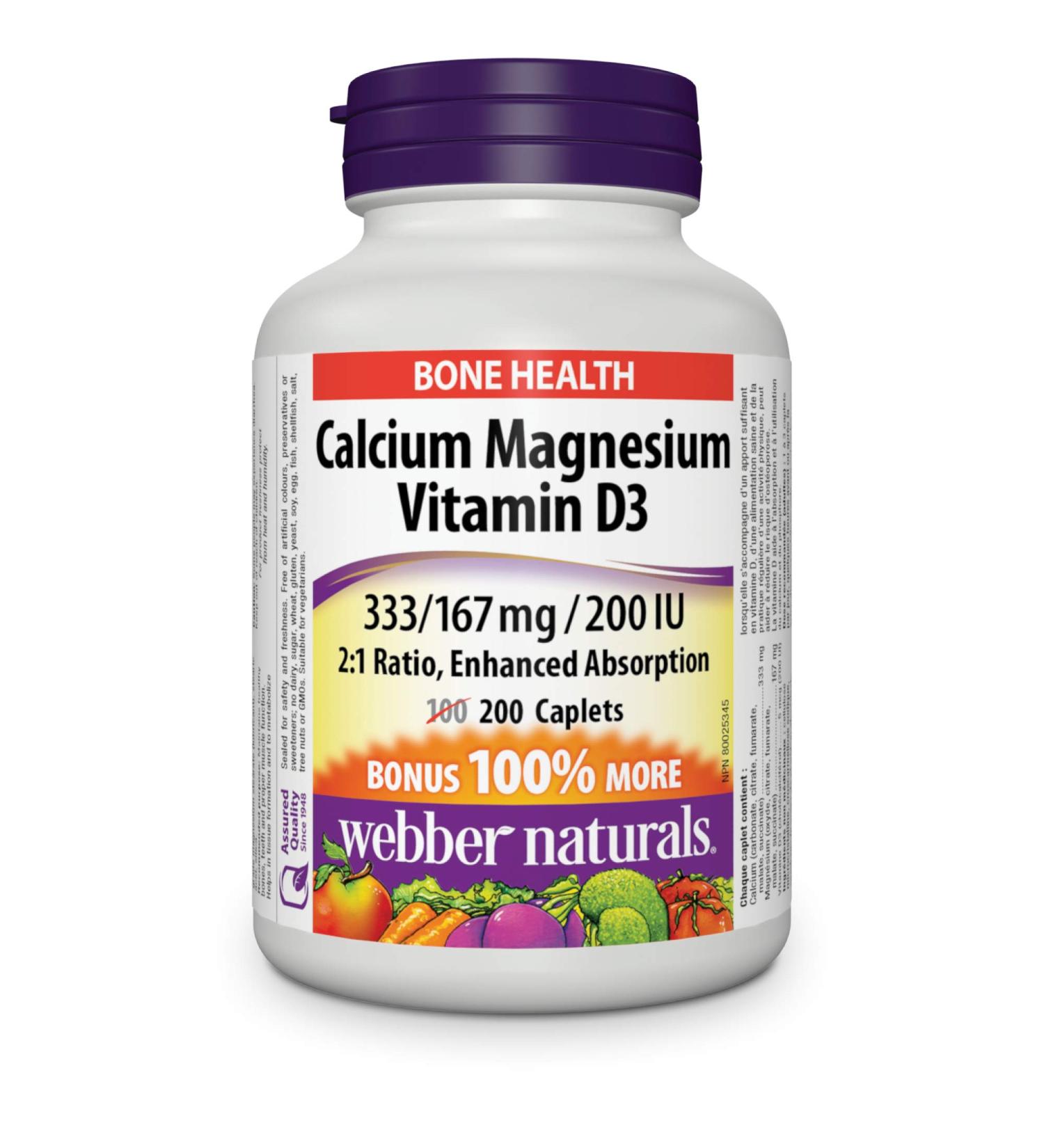 Webber Naturals Calcium with Magnesium and Vitamin D3 200 Caplets Enhanced Absorption Helps Support Bones and Teeth Vegetarian - Buy Online on SooperMarket.com