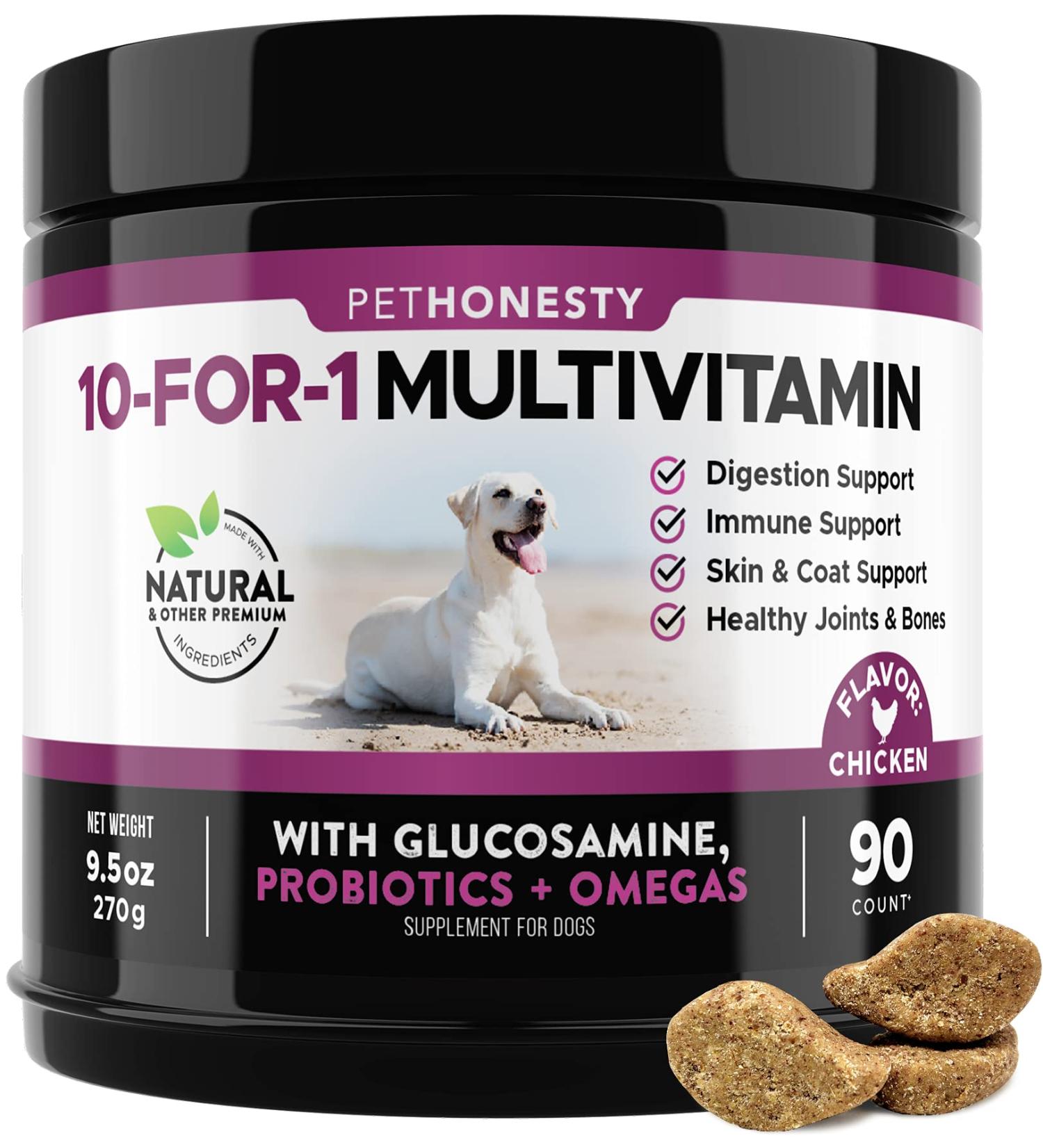 PetHonesty 10 in 1 Dog Multivitamin with Glucosamine - Essential Supplements for Dog Health & Heart - Omega Fish Oil, Probiotics, Chondroitin - Chicken Flavored Dog Vitamins - Buy Online on SooperMarket.com