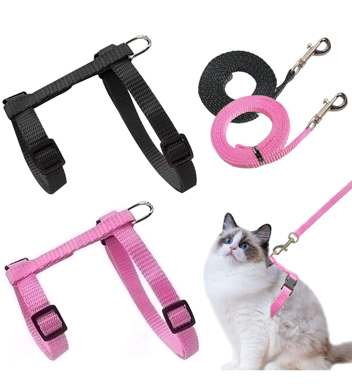 Adjustable Nylon Cat Leash & Harness Set - Soft Cat Dishes for Kittens & Rabbits - Black & Pink - Buy Online on SooperMarket.com