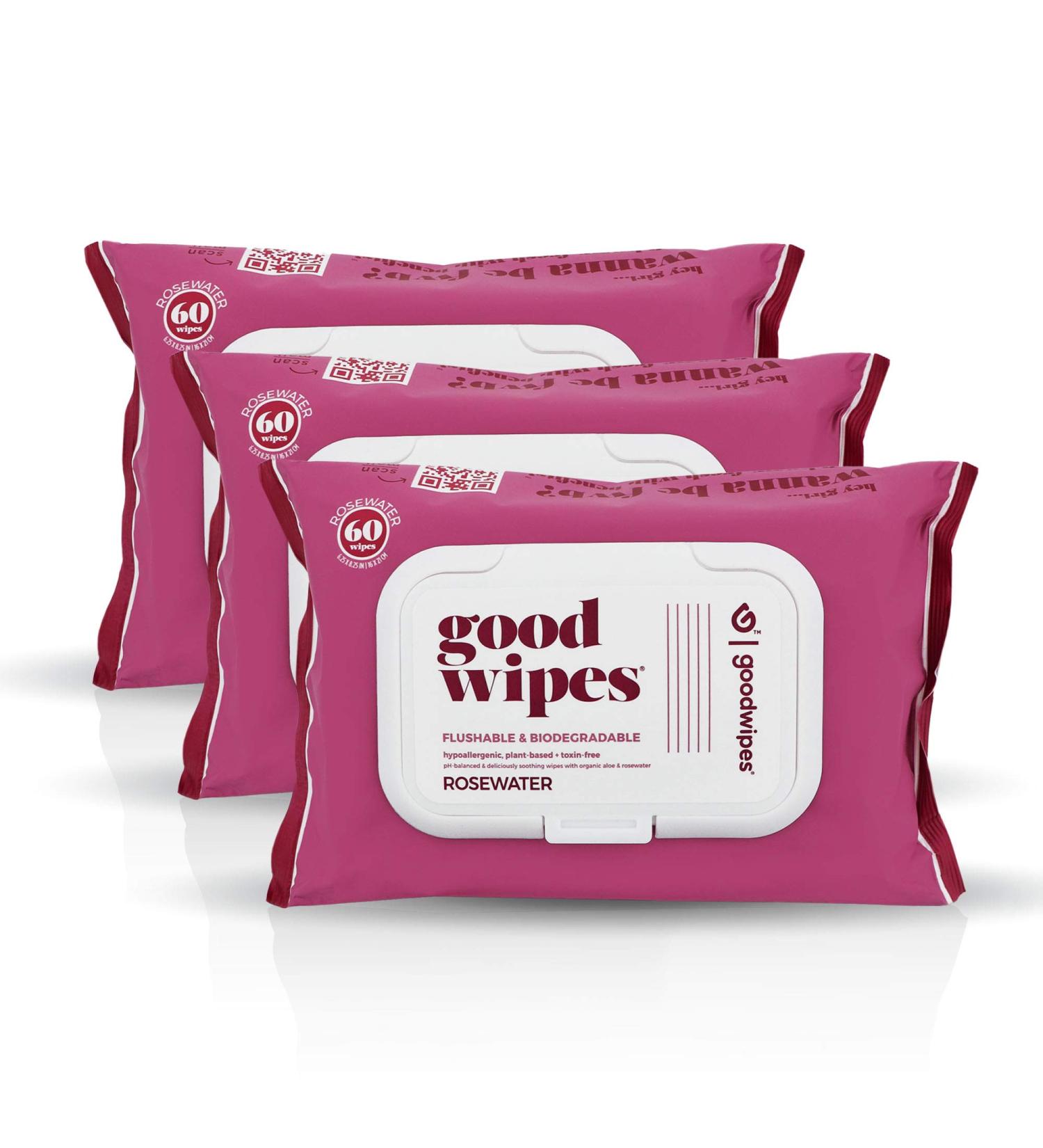 Goodwipes Flushable Plant-Based Wipes | Rosewater & Aloe | 180 ct (3 packs) | Septic Safe | At-Home Dispenser | Biggest Adult Wipes - Buy Online on SooperMarket.com