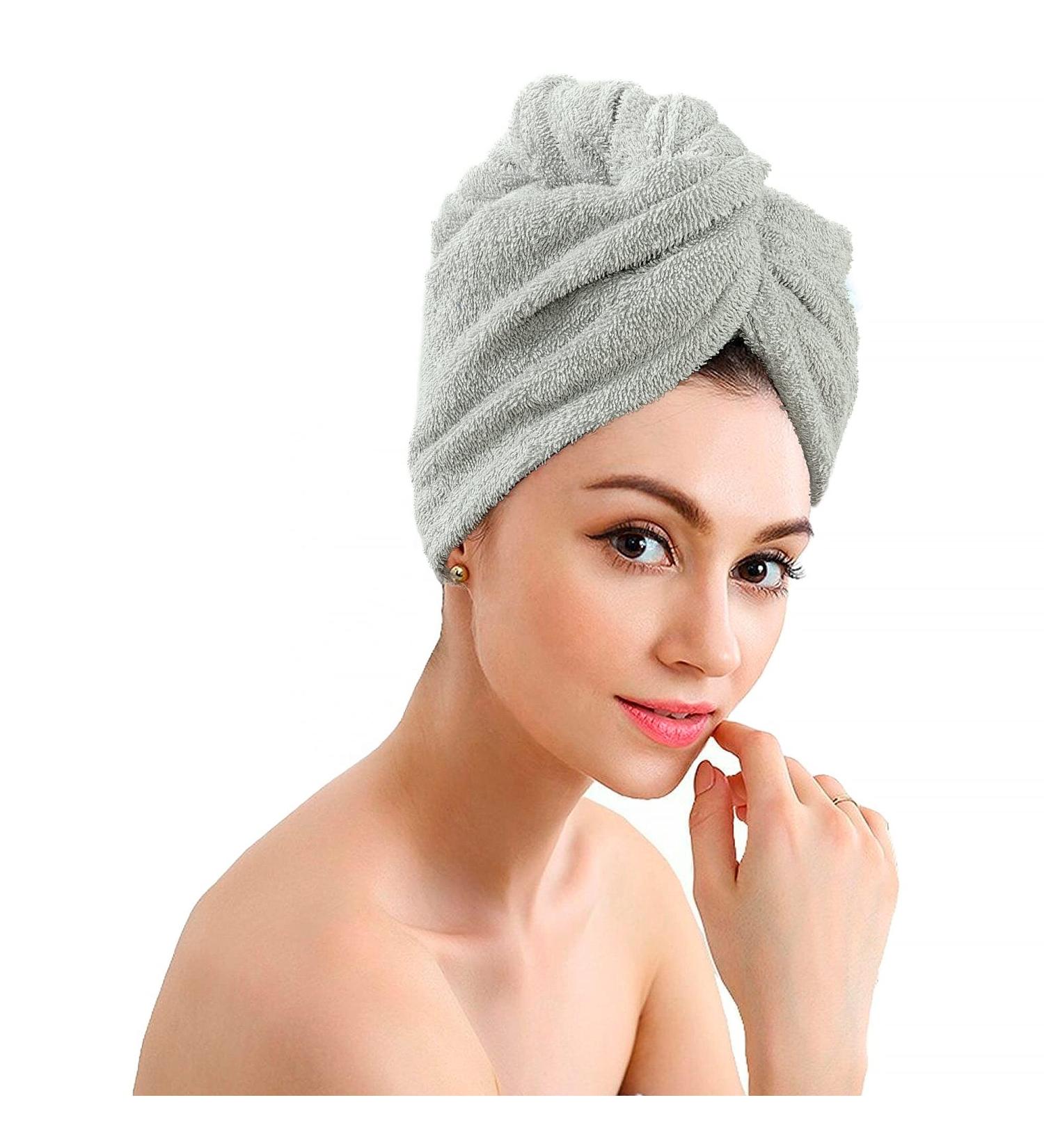 ERINA Cotton Hair Wrap Towel Pack of 2 - Super Soft Twist Turban with Button for Women - Great for Home, Hotels, Salons, Spas - Grey (2 Pack) - Buy Online on SooperMarket.com