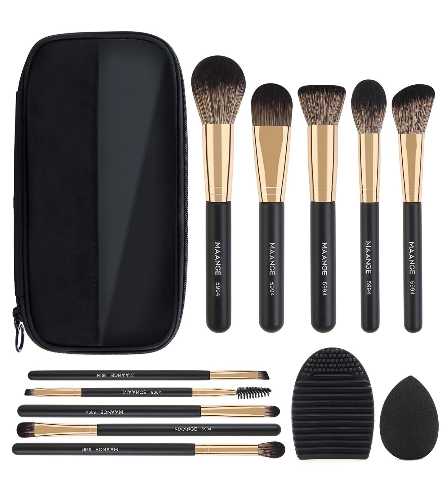 MAANGE 10-Piece Travel Makeup Brushes Set with Case - Foundation Kabuki Blush Eyeshadow Brushes, Sponge, and Cleaner (Blackgold) - Buy Online on SooperMarket.com