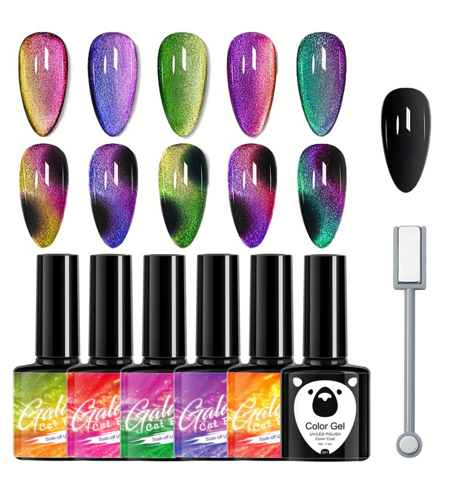 HERBENJOY Cat Eye Gel Nail Polish Set 6 Colors Galaxy Magnetic UV Nail Polish with Magent Stick Base Black Gel Nail Varnish and Universal Rainbow Nail Gel Nail Polish DIY Manicure Nail Salon - Buy Online on SooperMarket.com