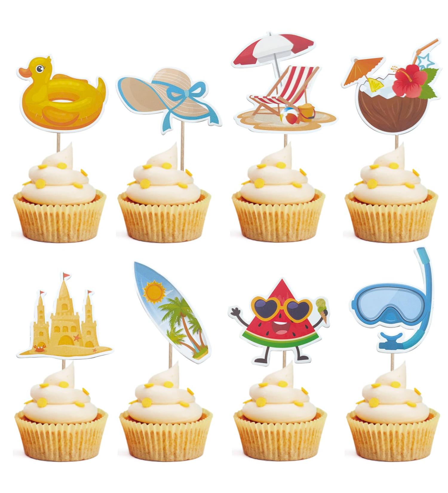 Mulukaya 24Pcs Summer Beach Themed Cupcake Toppers Sun Hat Surfboard Watermelon Goggles Treat Cake Picks for Pool Beach Hawaii Surfing Birthday Wedding Travel Vacation Party Decorations - Buy Online on SooperMarket.com