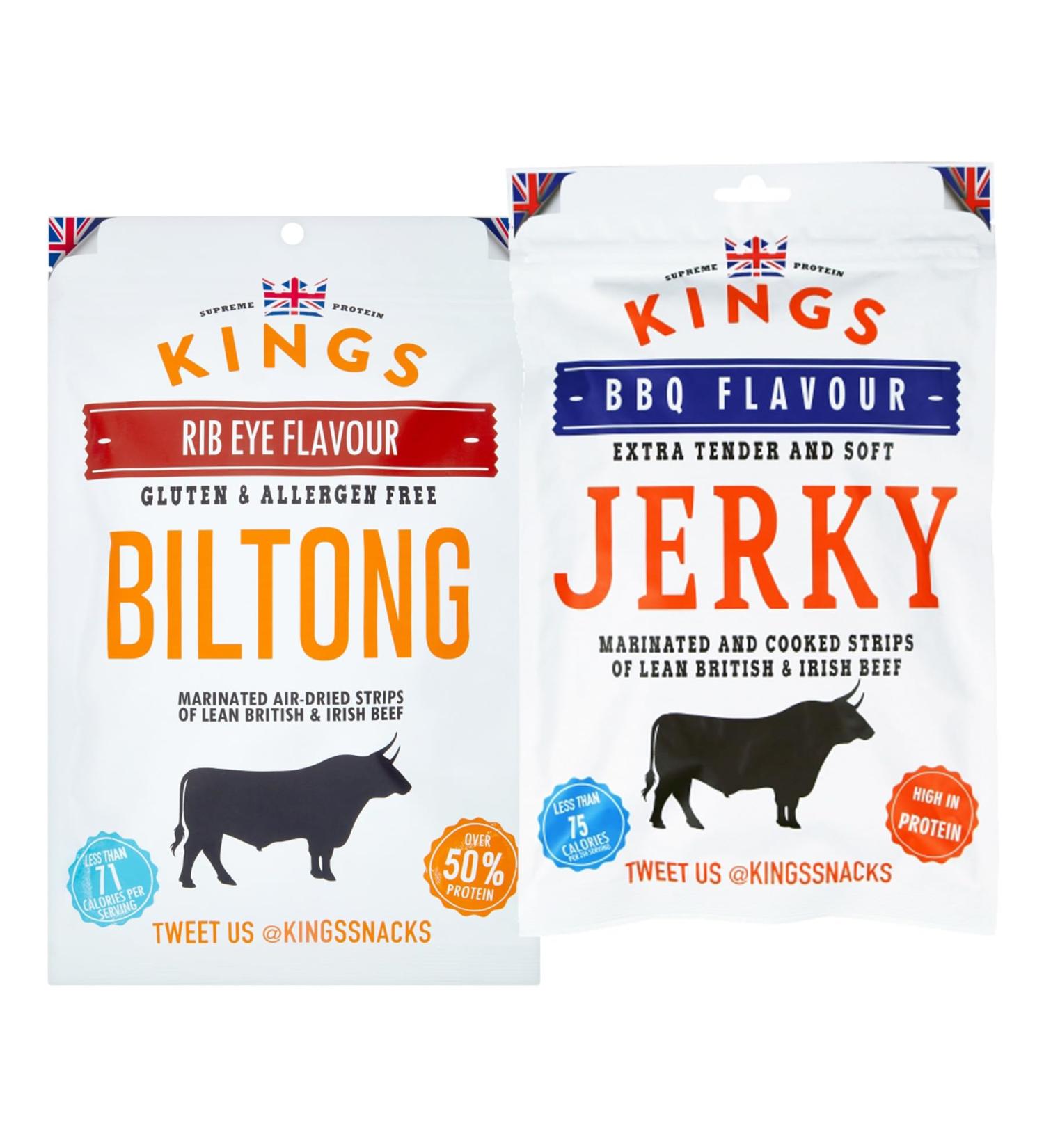 Kings Beef Jerky XXL Big Bag Mix Pack - Ribeye Biltong & BBQ Jerky | High Protein Gluten-Free Snacks (300g & 350g) - Buy Online on SooperMarket.com