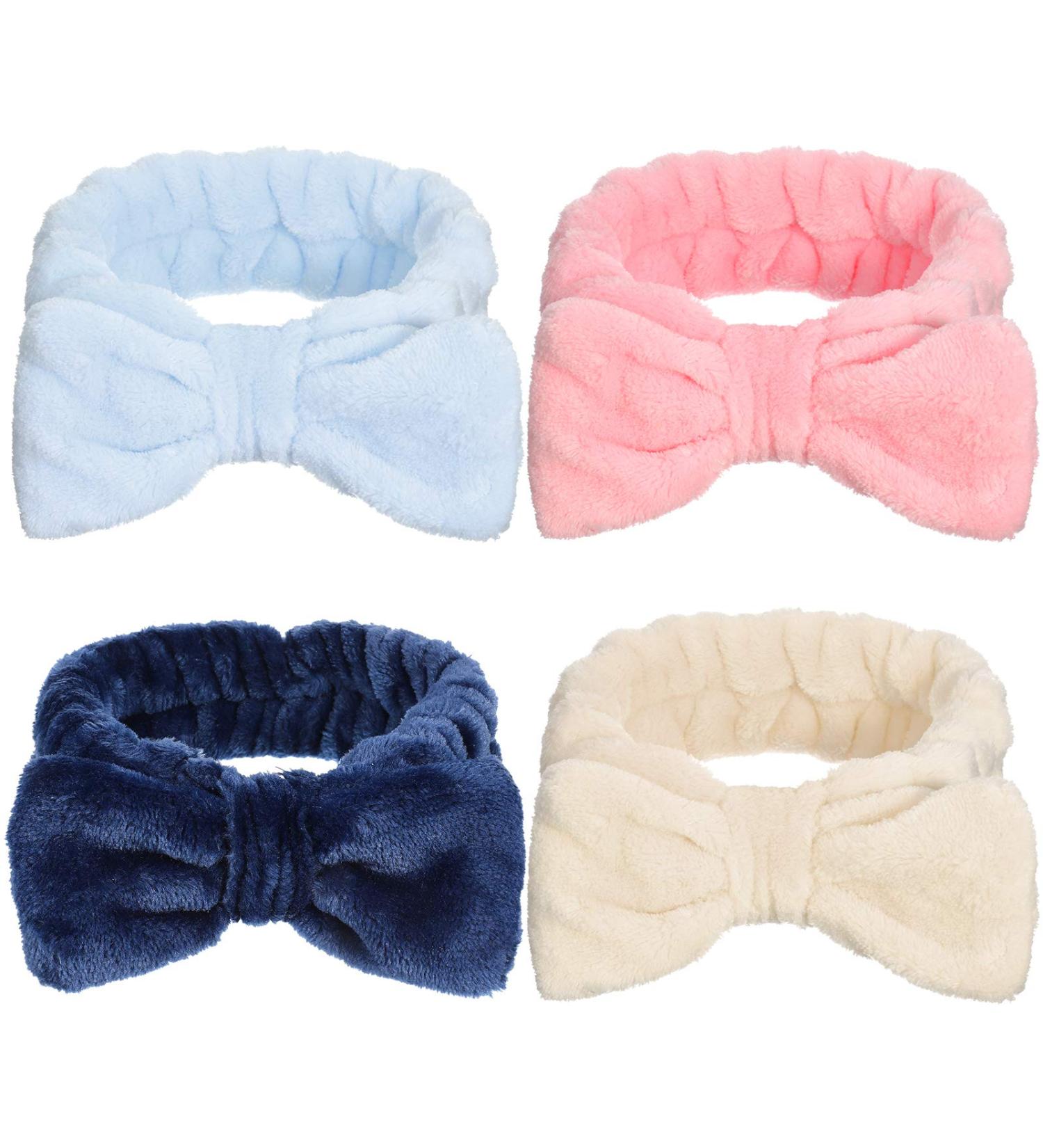 GOTH Perhk 4 Pack Spa Bowknot Hair Bands Coral Fleece Makeup Headband Elastic Head Wrap for Washing Face Shower Yoga Sports Skincare(Beige Pink Blue Navy Blue) - Buy Online on SooperMarket.com