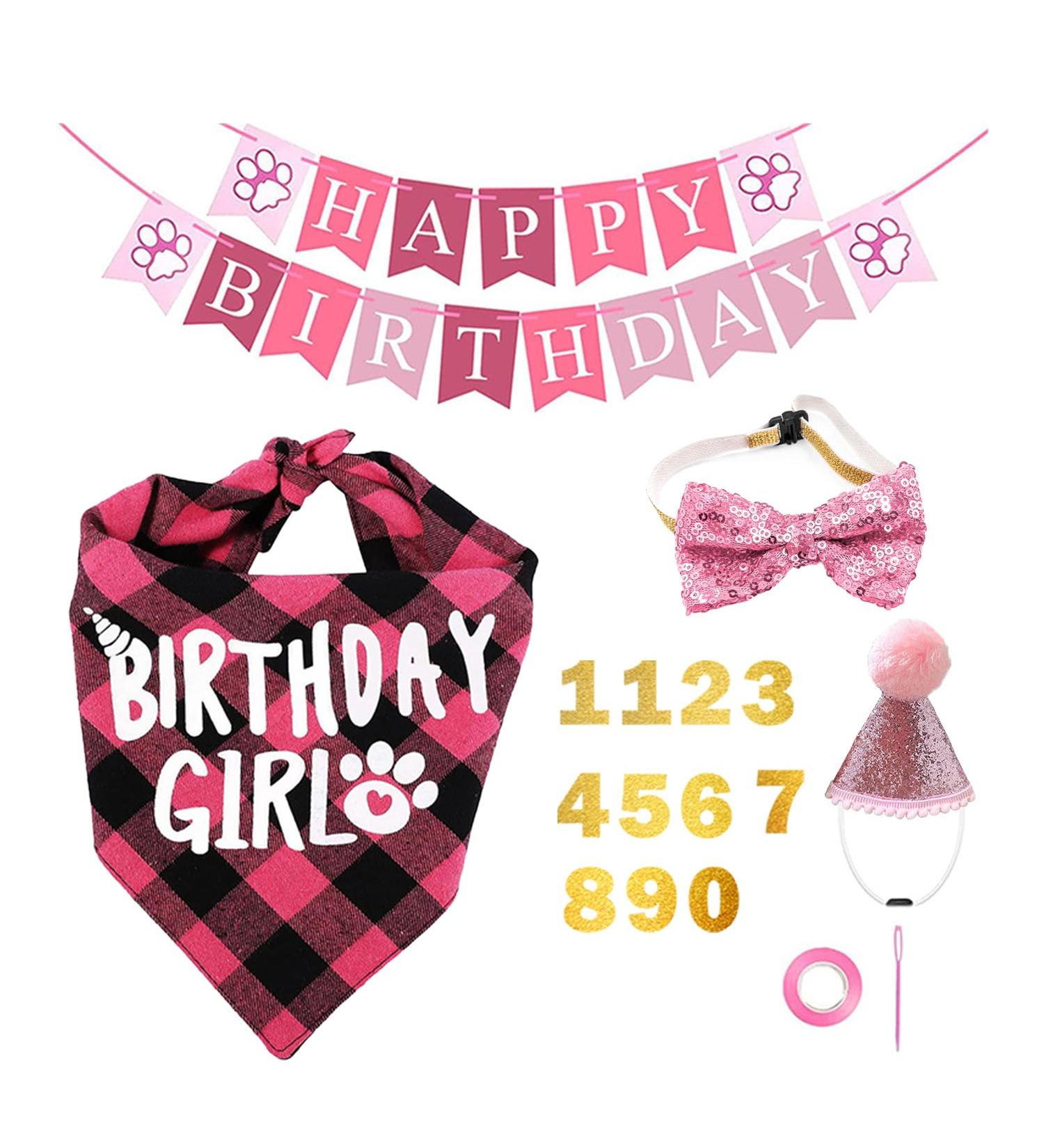 Dog Birthday Kit Dog Birthday Hat Bow Tie Band Pull Flag Scarf Number Stickers Cute Puppy Kitten Party Kit Reusable Suitable for Small Medium and Large Dog Pets(pink) - Buy Online on SooperMarket.com