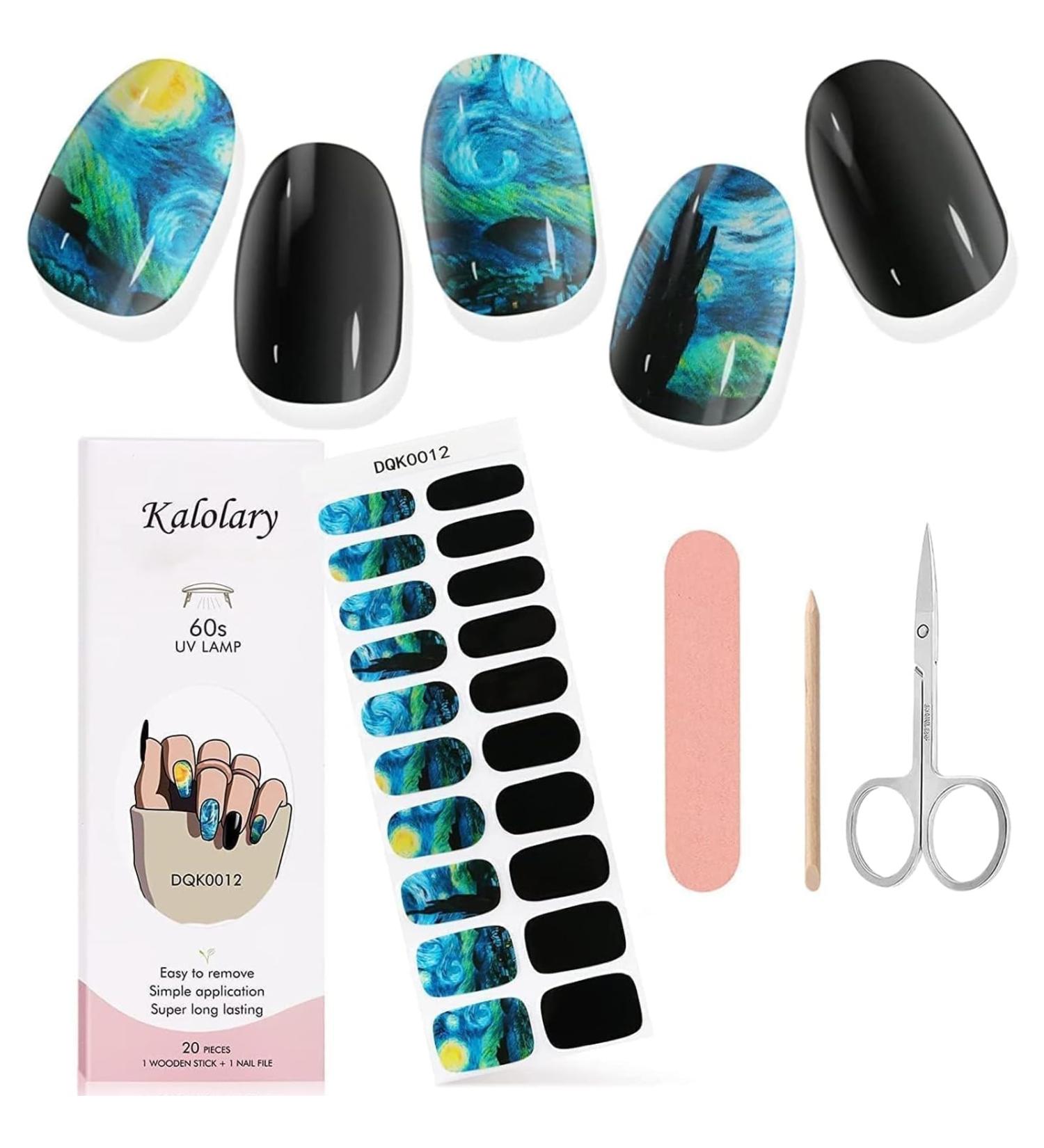 Kalolary Gel Nail Polish Strips Nail Gel Art Sticker Waterproof Full Nail Wraps Decal Sets with Scissors Nail File and Stick for Women Girls Nail Art Decor (UV/LED Lamp Required)-12 - Buy Online on SooperMarket.com