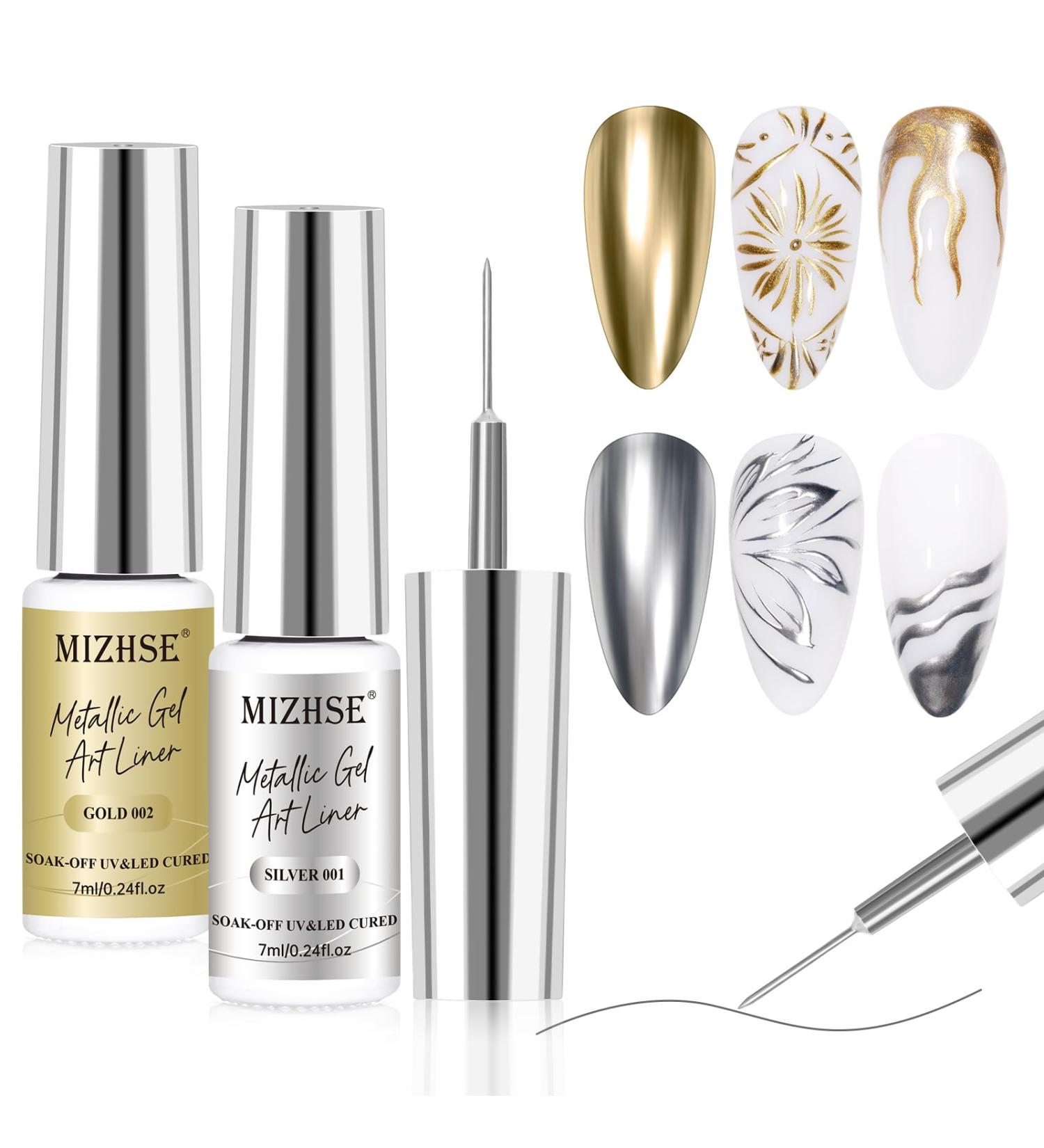 MIZHSE Gold & Silver Metallic Gel Nail Art - 3D Mirror Paint for Stunning French Designs | 7ML Soak Off Manicure Set - Buy Online on SooperMarket.com