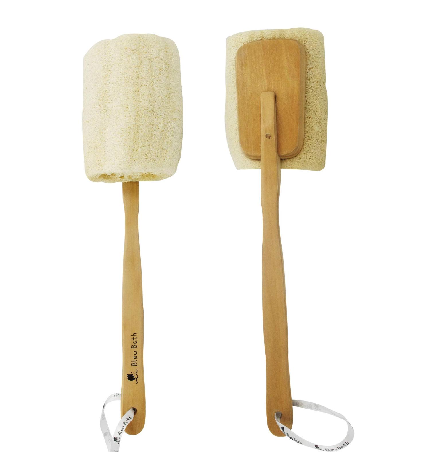 Bleu Bath 2 Pack Exfoliating Loofah Back Brush - 100% Natural Organic Luffa, Long Wooden Handle, for Men, Women, Sensitive Skin - Buy Online on SooperMarket.com
