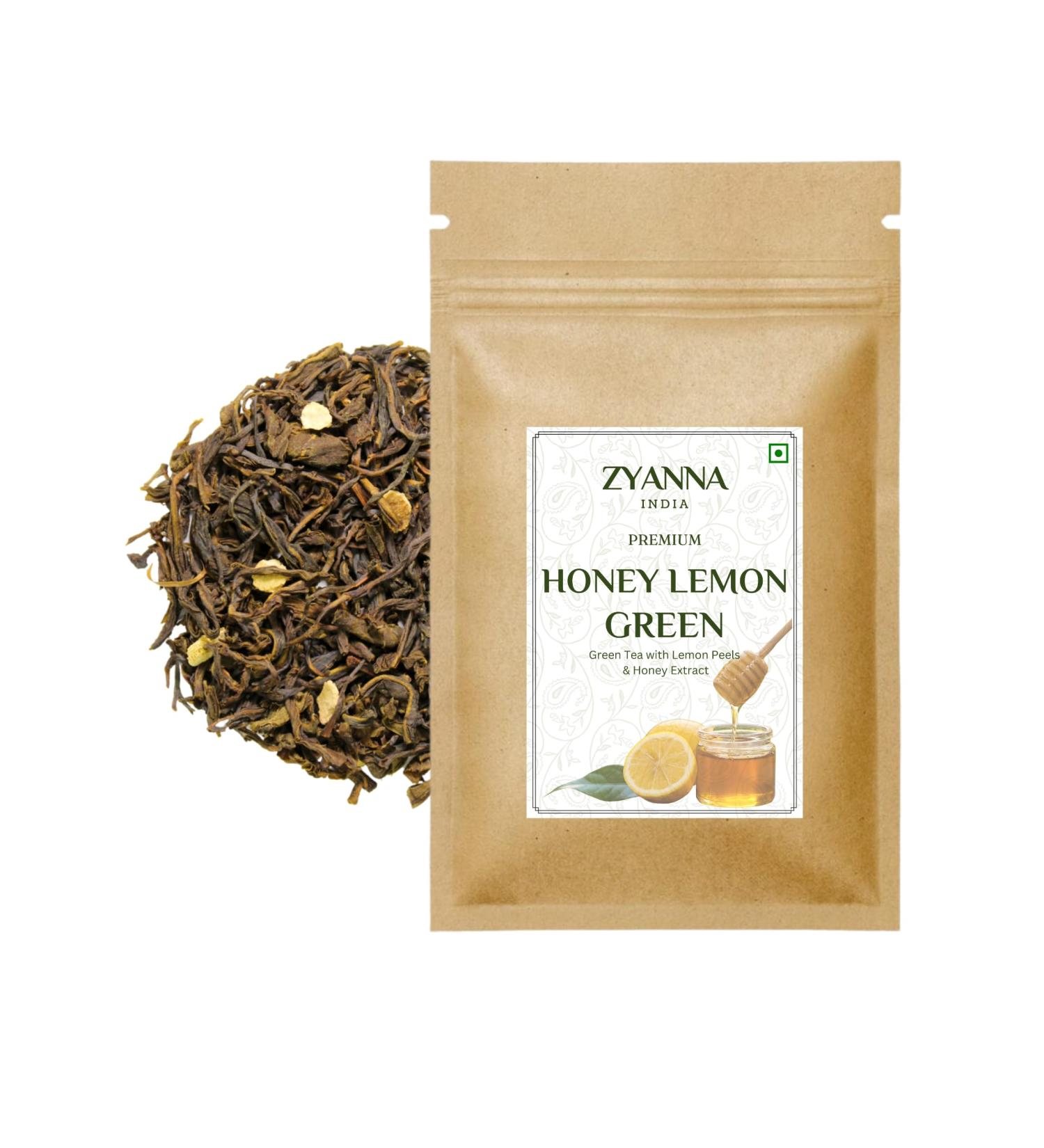 ZYANNA Honey Lemon Green Tea - Premium Indian Loose Leaf Green Tea (3.53oz) | 100% Natural Refreshing Blend with Honey Extract & Lemon Peels | 50 Cups - Buy Online on SooperMarket.com