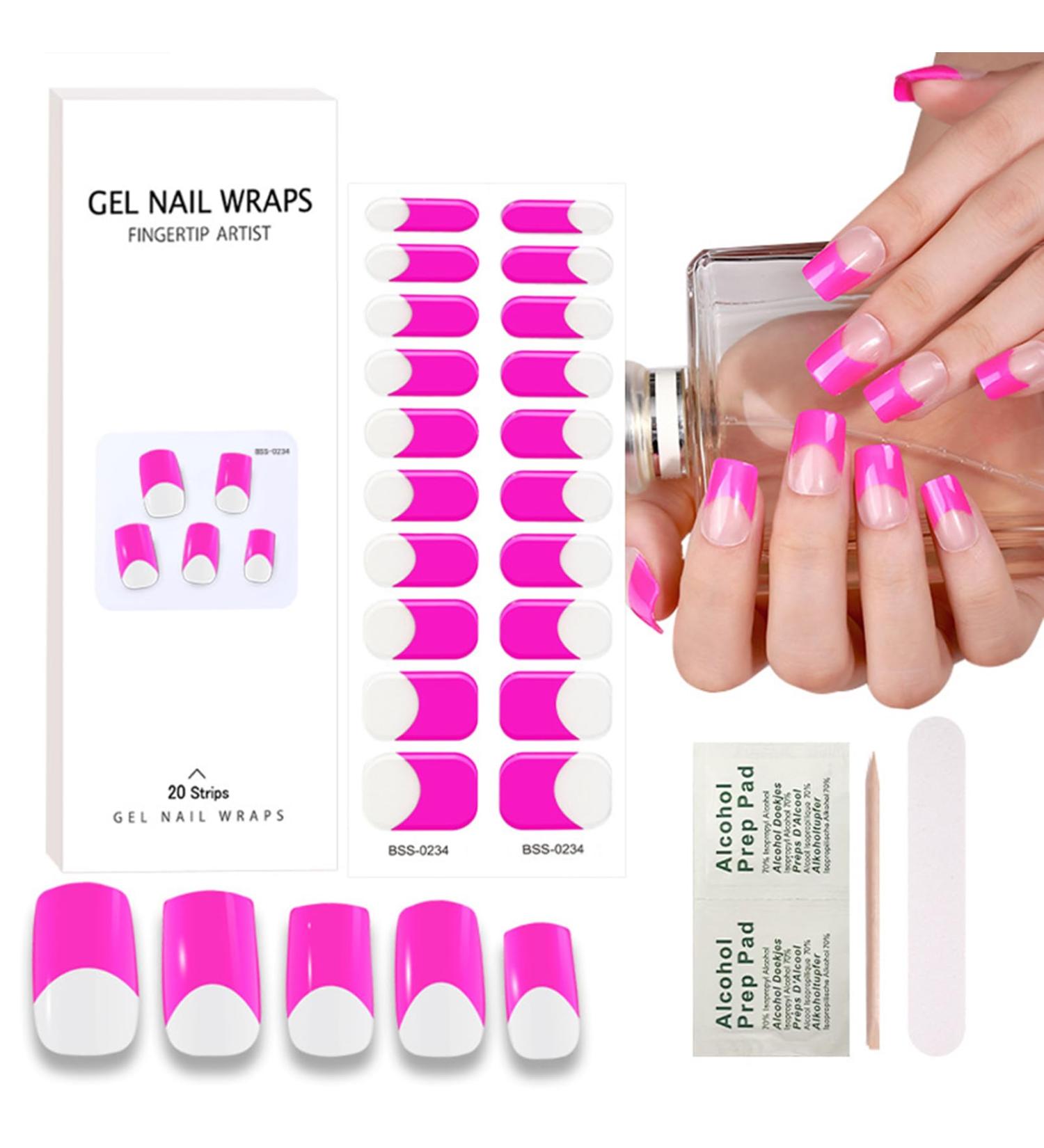 Semi Cured Gel Nails Strips - Nude Pink Gel Nail Stickers Nail Wraps Soft Self-Adhesive Gel Nail Strips for Nails French Tip (Rose-French - BSS-0234)