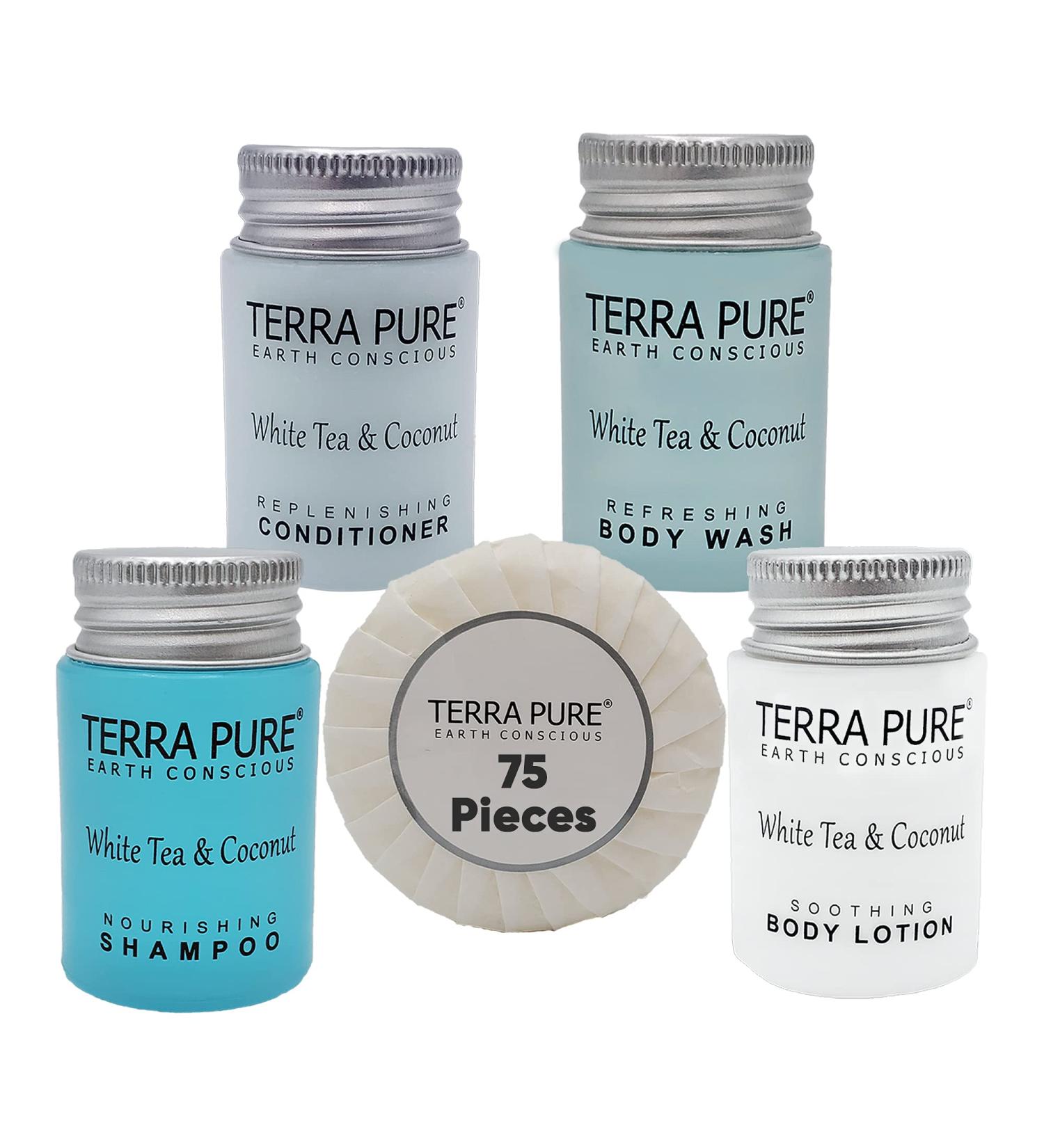 White Tea and Coconut Hotel Soaps & Toiletries Bulk Set | Terra Pure Collection | 1oz Shampoo, Conditioner, Body Wash, Lotion & 1.25oz Bar Soap | 75-Piece Travel Size Kit - Buy Online on SooperMarket.com