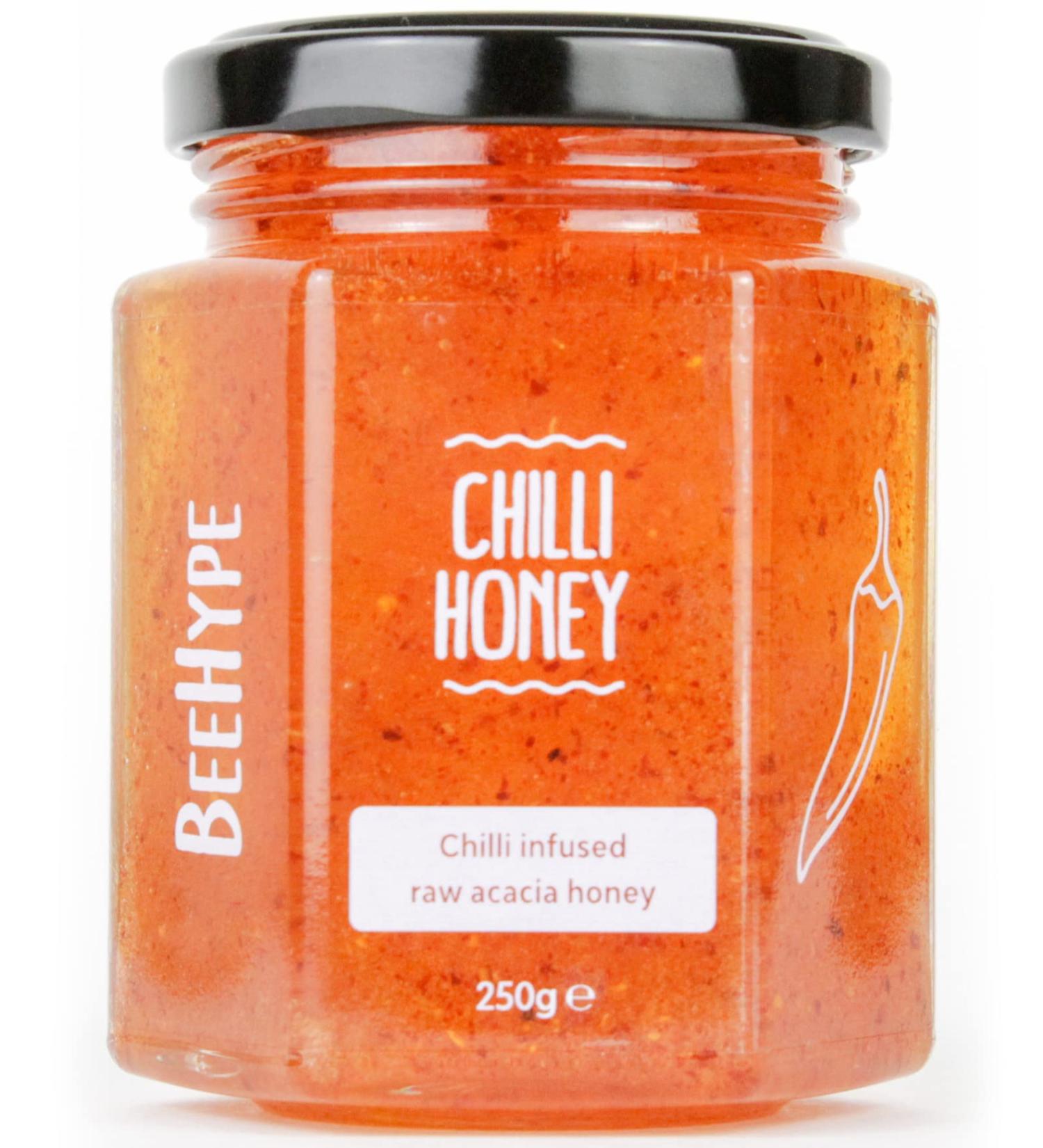 BeeHype Chilli Honey with Pepperoncino Peppers - 250g | Natural Acacia Honey, No Preservatives, No Refined Sugars | Vegetarian, Nut & Dairy-Free - Buy Online on SooperMarket.com