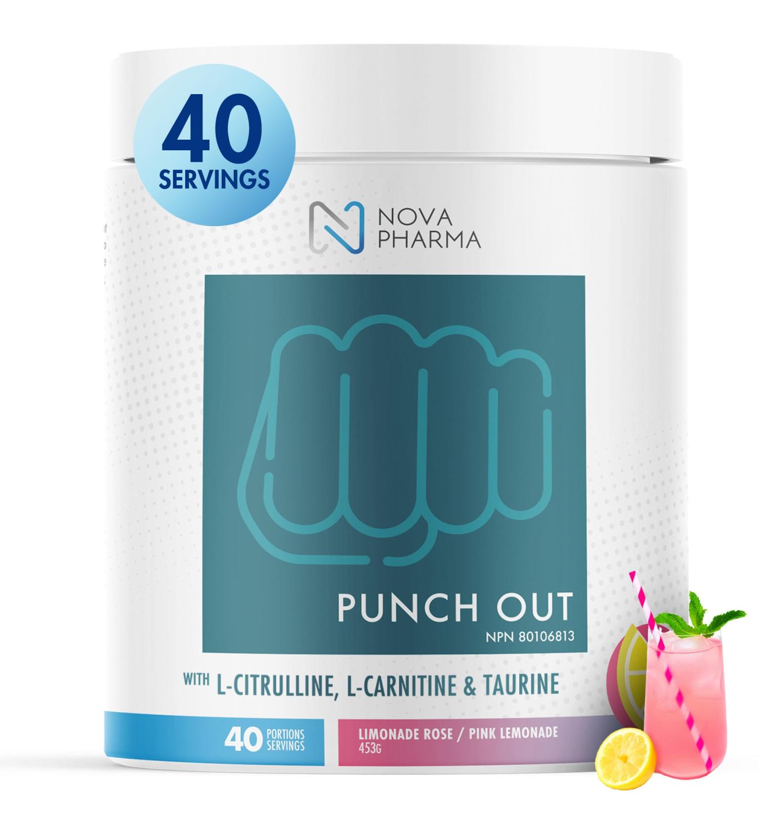 Nova Pharma Punch Out Pre Workout Powder L-Carnitine and Antioxidant-Rich Pre Workout Supplement Boost Stamina and Endurance for Gym Training and Workouts - 40 Servings (Pink Lemonade) - Buy Online on SooperMarket.com