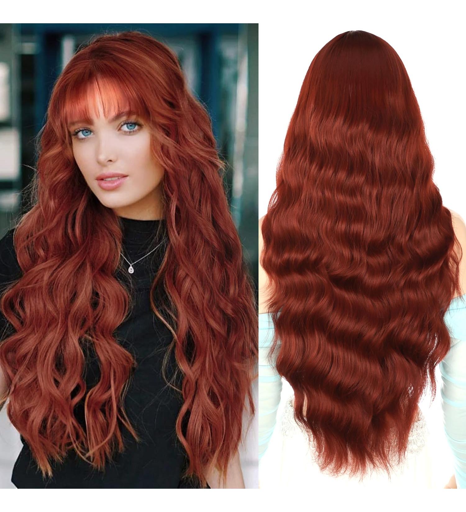 YEESHEDO Long Auburn Red Wigs for Women - 28 Natural Curly Wavy Synthetic Hair with Fringe for Daily Wear or Halloween Cosplay - Buy Online on SooperMarket.com