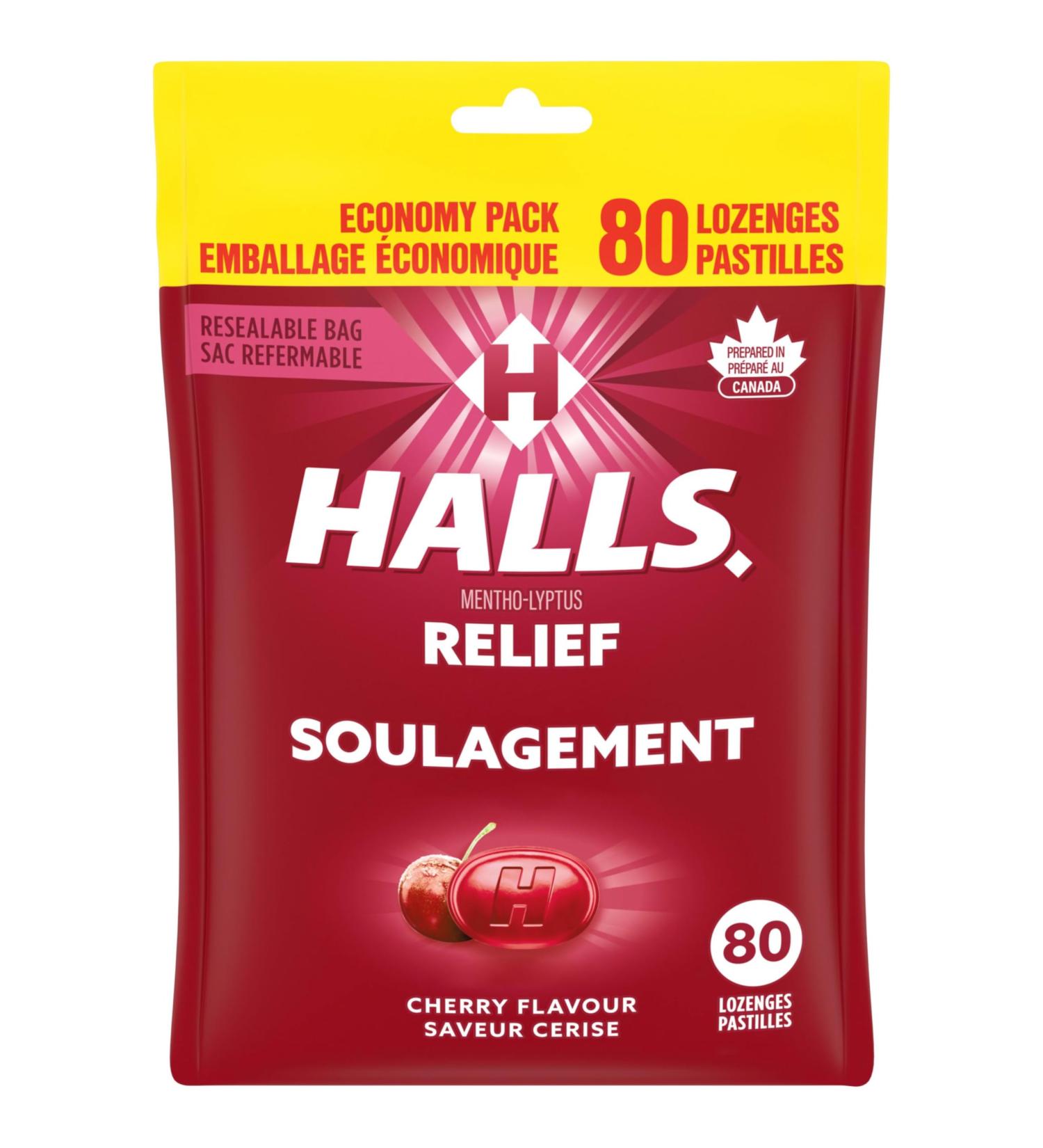 HALLS Cherry Flavour Cough Drops Throat Lozenges Sore Throat Relief Mentho-Lyptus 80 Lozenges Cherry Drops - Buy Online on SooperMarket.com