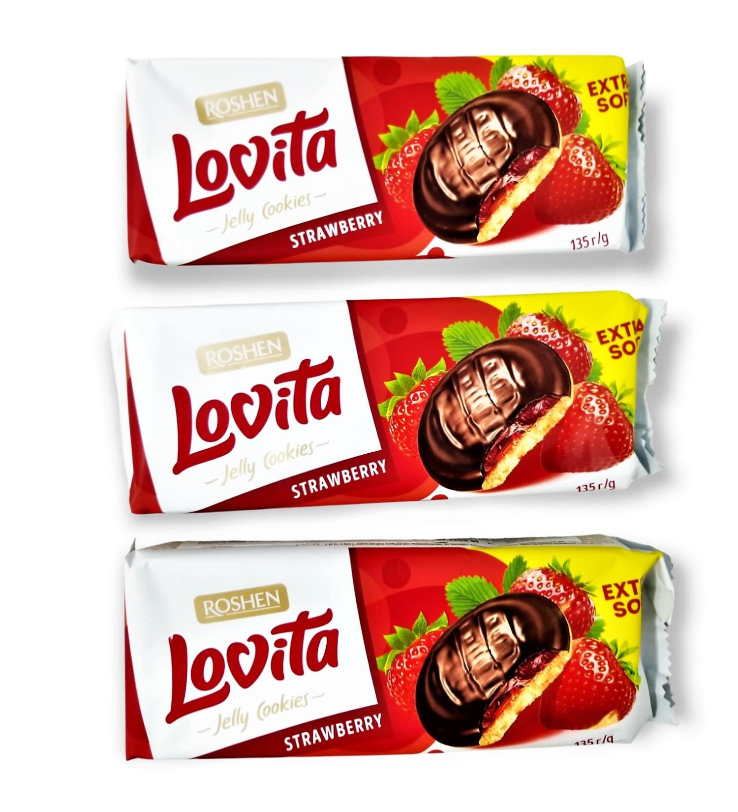 Roshen Lovita Jelly Cookies, Biscuits with Strawberry Flavored Jelly Filling 4.76 oz/135grams, Kosher, Pack of 3 Strawberry Pack of 3
