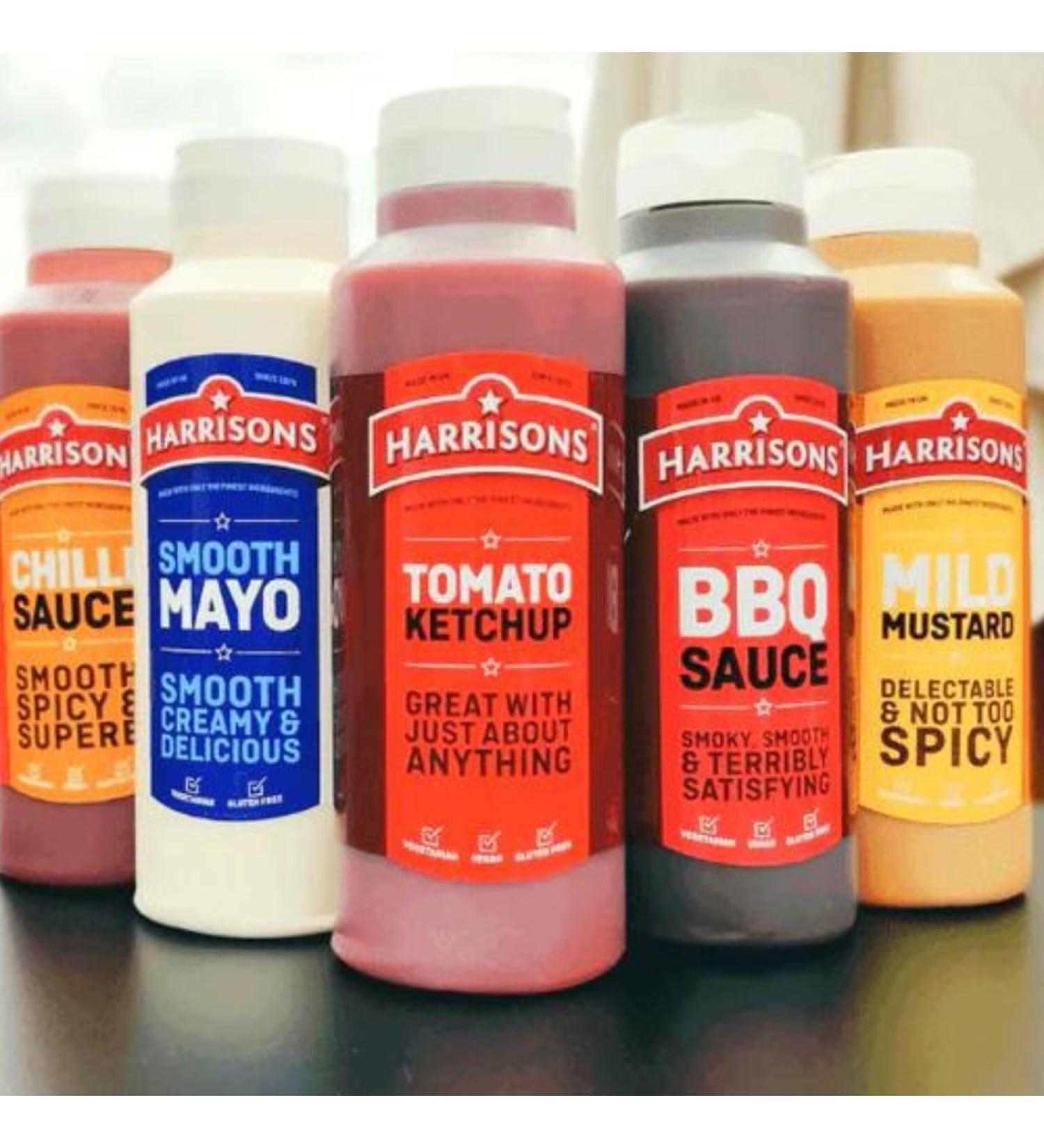 Harrisons Tomato Ketchup BBQ Sauce Mild Mustard Sauce Chili Sauce & Smooth Mayonnaise Sauce Bottles - Pack of 5 Sauces Bottle 1L Each - Made in UK