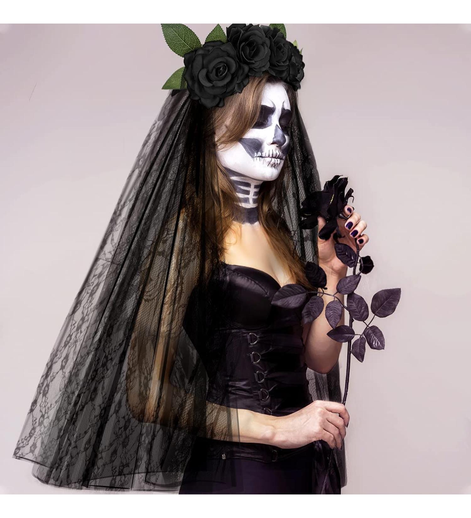E-More Halloween Headband with Black Lace Veil Elastic Rose Flower Hair Band Black Roses Mesh Lace Hair Accessories Halloween Ghost Bride Party Headdress for Girls Ladies Women - Buy Online on SooperMarket.com